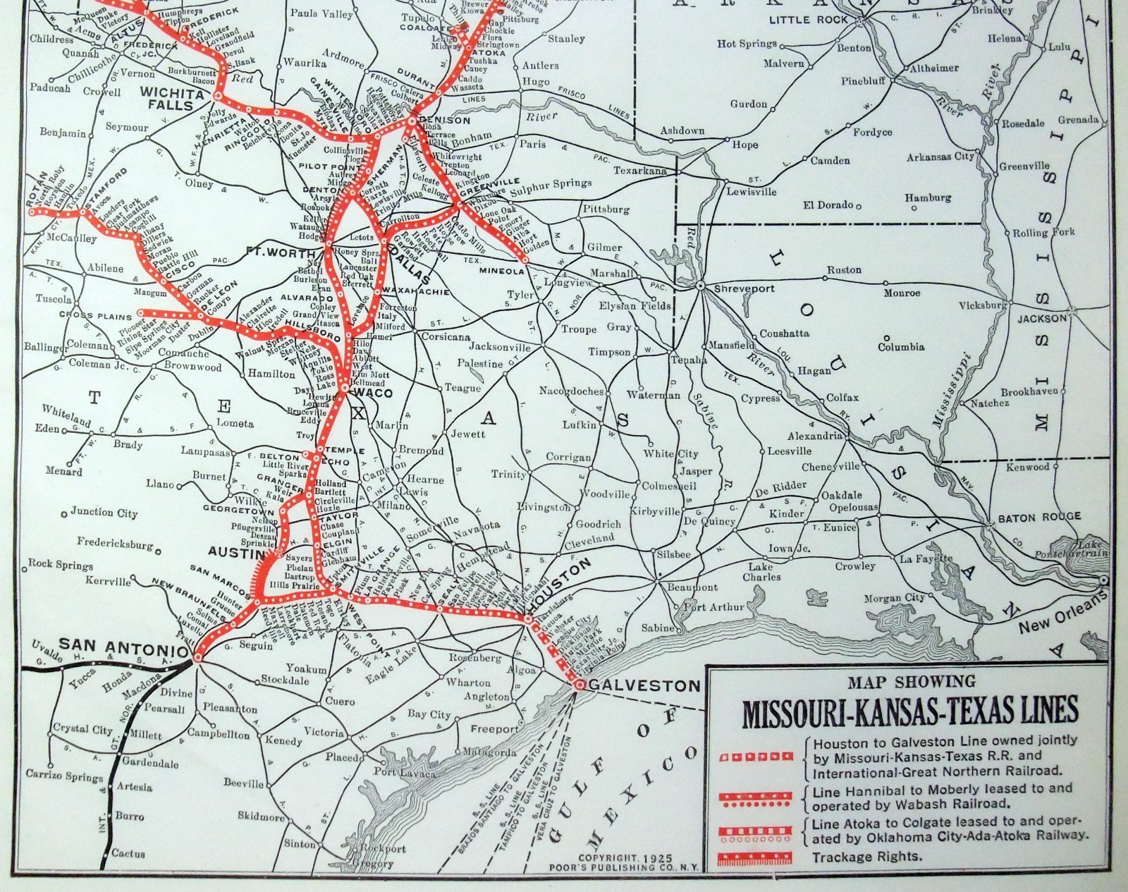 Missouri Kansas Texas Lines Original 1925 Railroad Map by Poor’s Publishing MKT