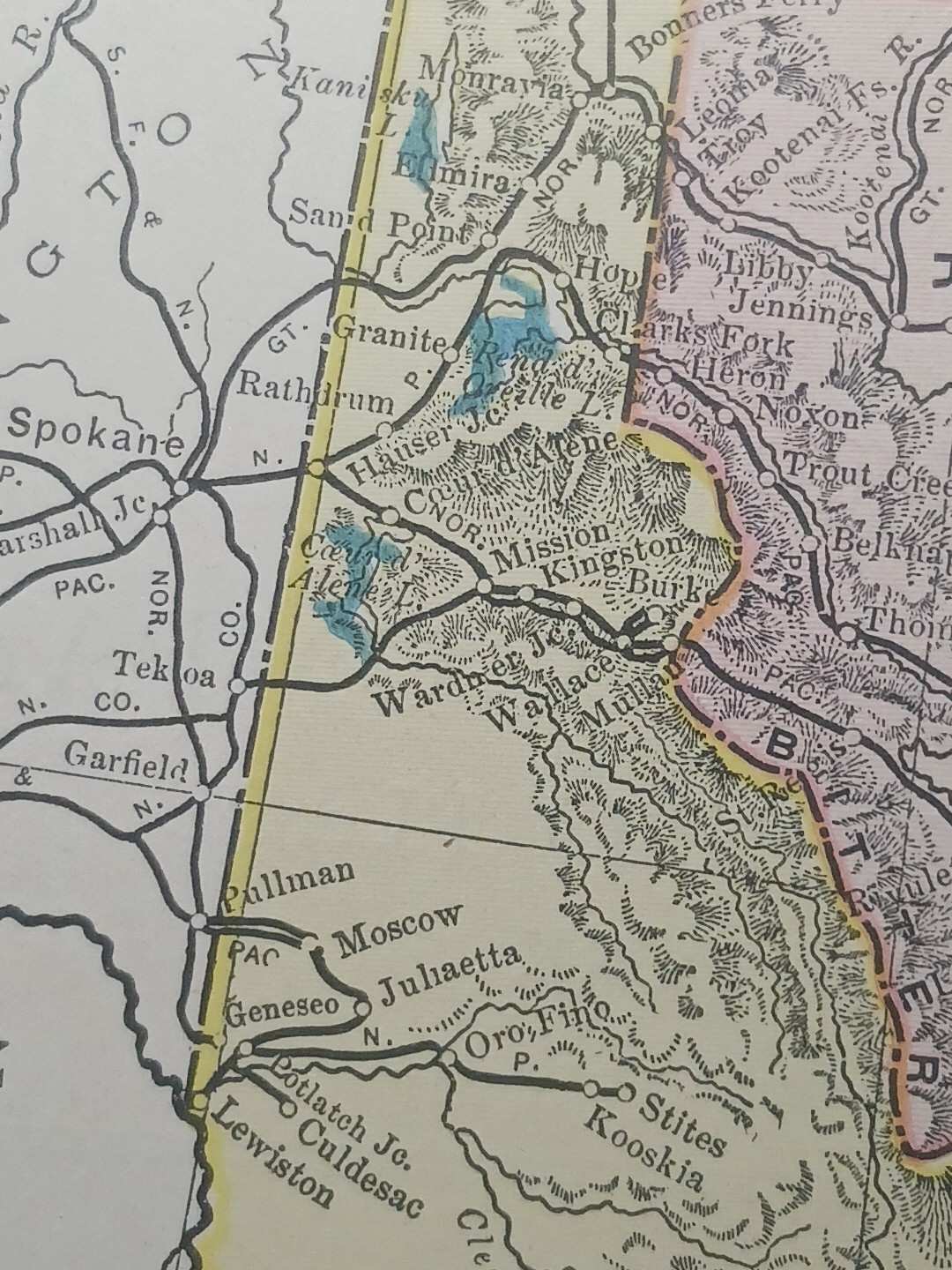 ~1904 Railroad Map MONTANA IDAHO WYOMING All railway Routes Depots 11×9″ vintage