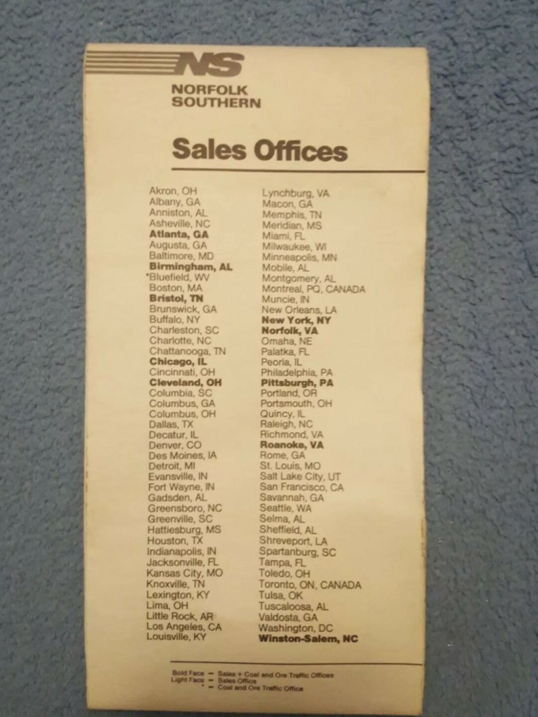1983 Map Of NS/Norfolk Southern Corporation Operating Subsidaries-SOU + N&W Used