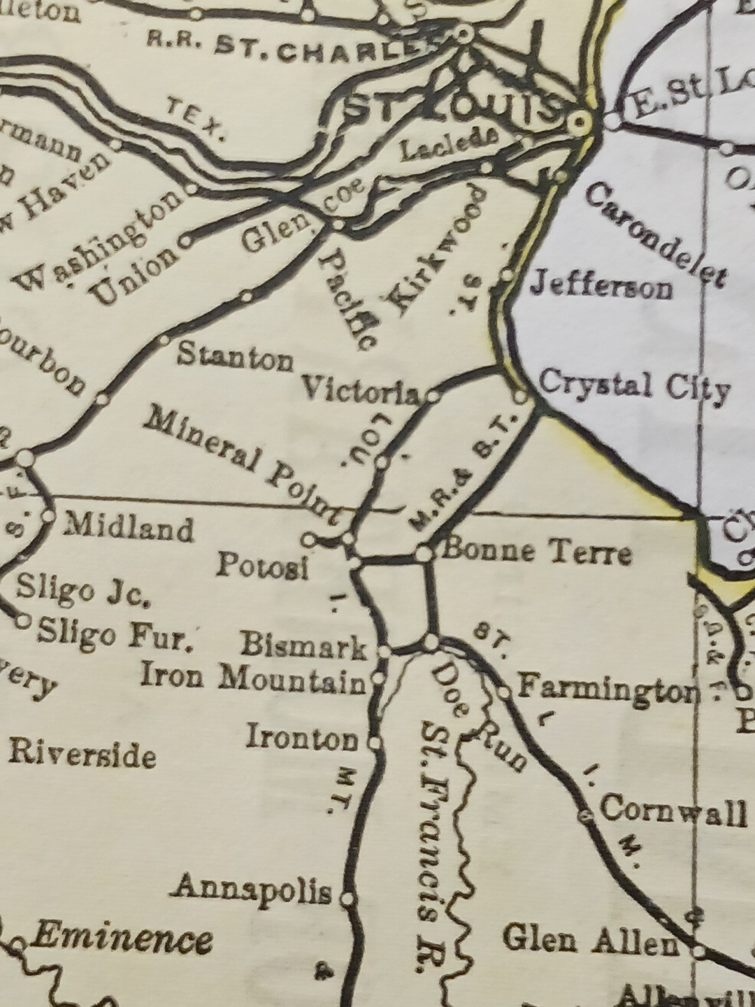 1897 Train Route Map MISSOURI & IOWA all Railroad Lines Station Marked 9″x 11″