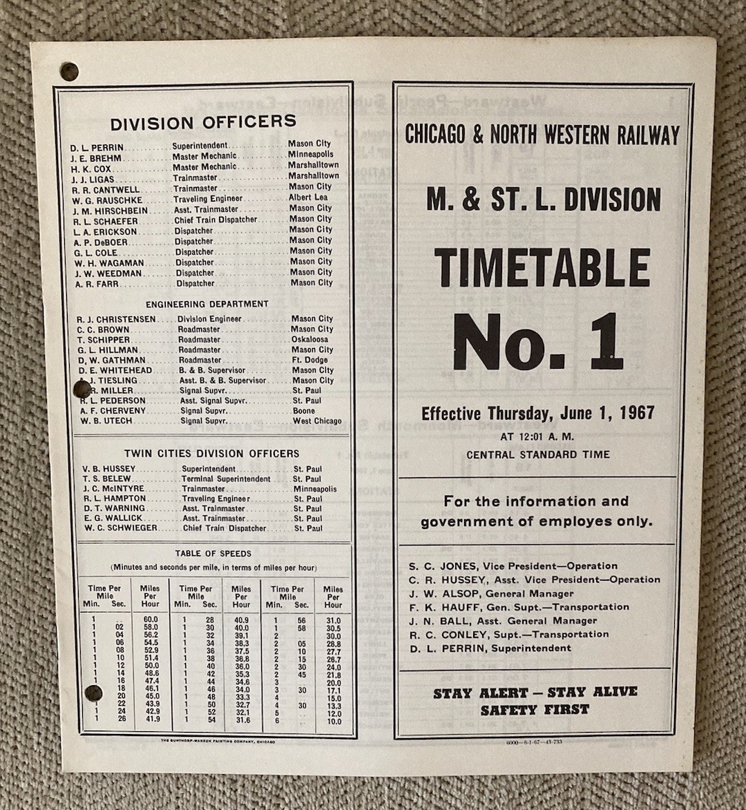 Chicago and North Western Railway 6/1/67 Employee Timetable:M & St. L Division