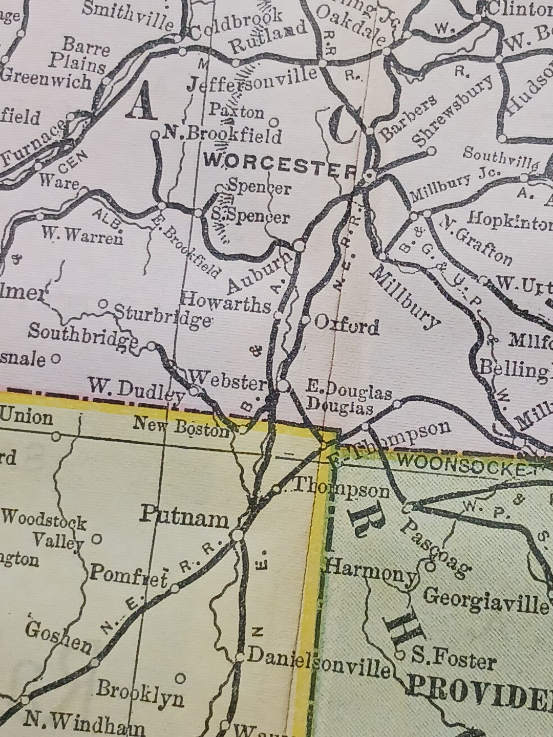 ~ 1897 Train Route Map MASSACHUSETTS Connecticut☆ all Railroad Lines Marked 9×11
