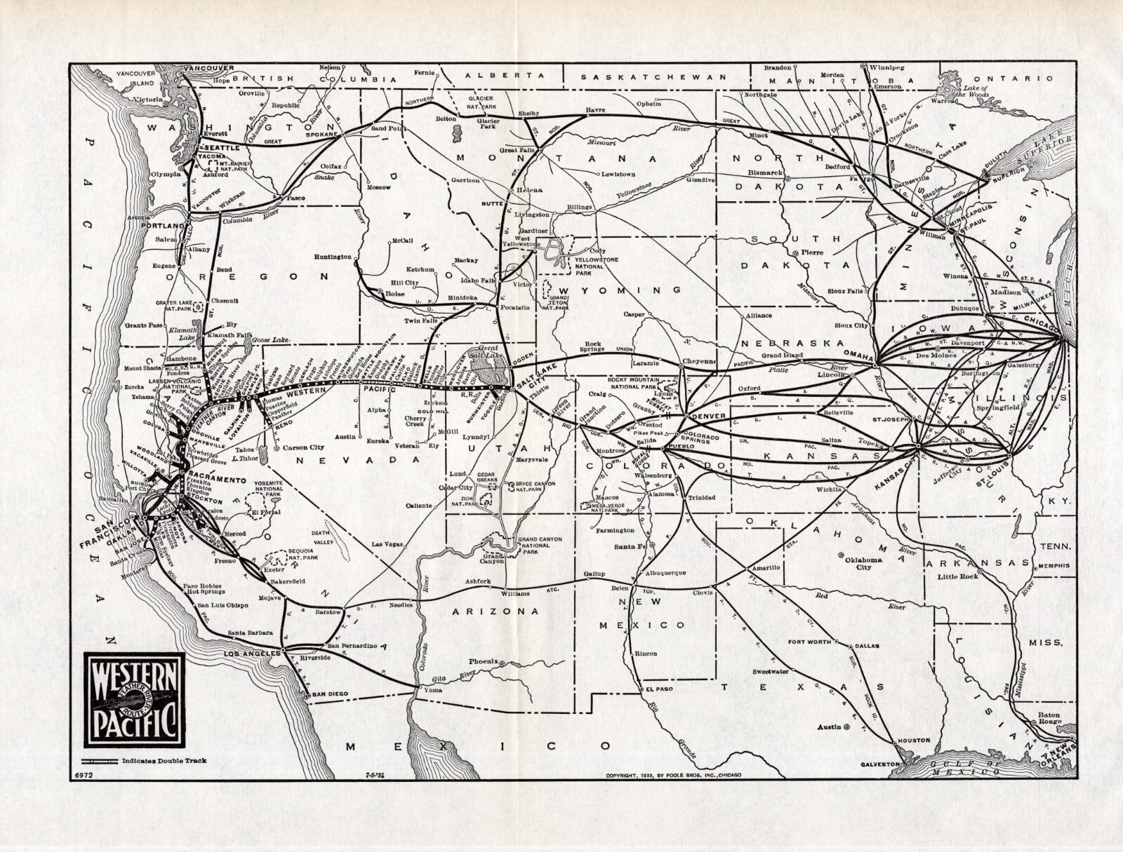 1933 Antique Western Pacific Railroad Map Feather River Route Railway Map #1886