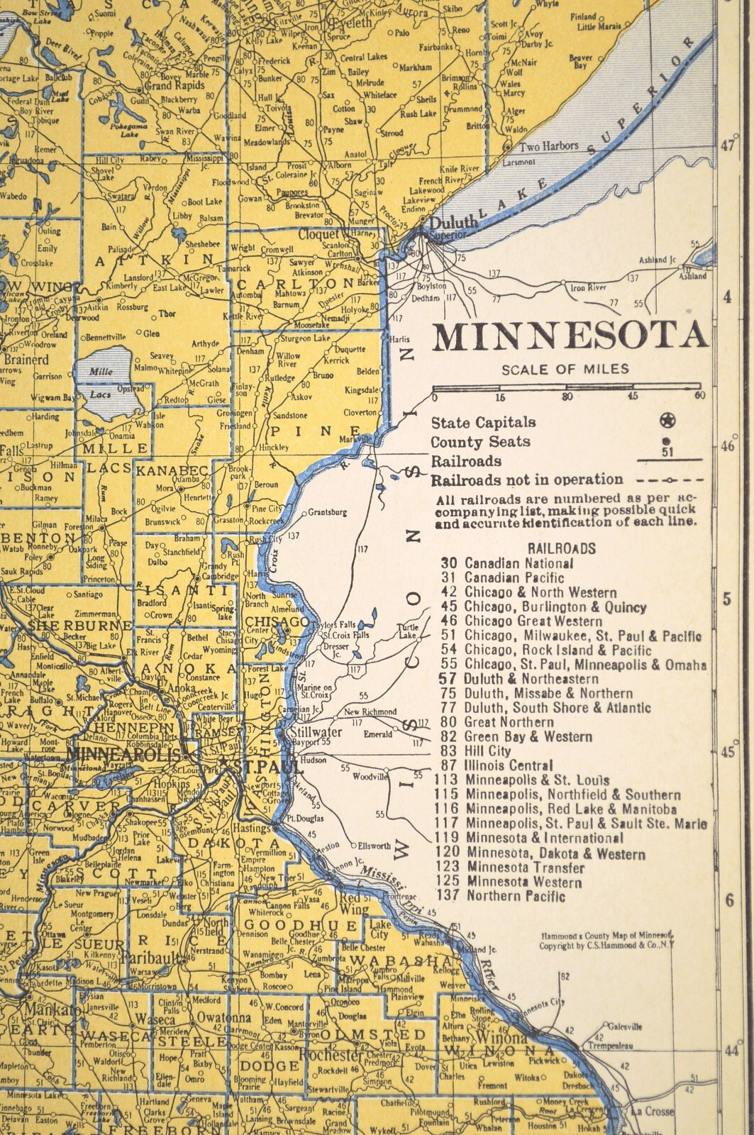 ca1939 MINNESOTA Railroad Map Depot Towns MStP&SSM RR Historic Original Atlas