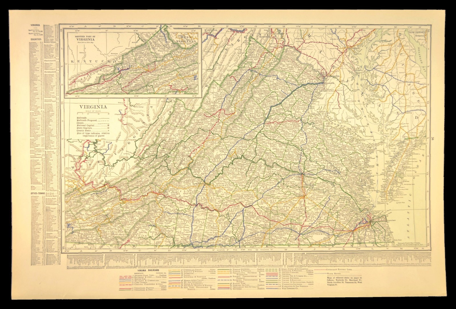 1914 Antique Map of VIRGINIA Railroads Map ORIGINAL Atlas Map VGN Ry DATED