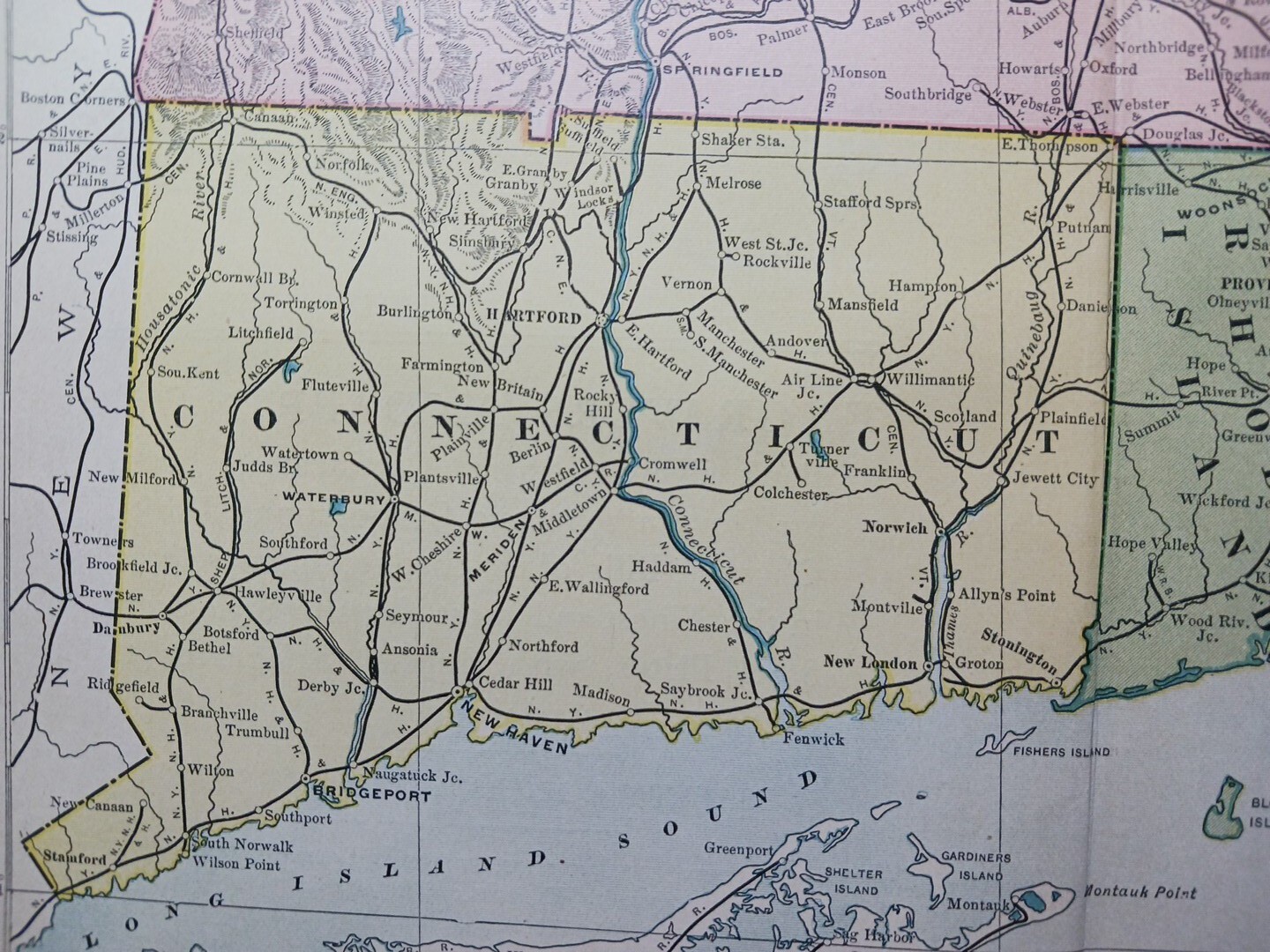 1904 Dated Railroad Map Massachusetts CT R.I. all Lines & Train Routes 11″x9″