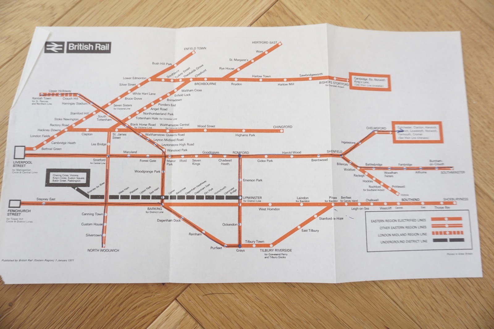 1971 Eastern Region British Rail Railway Map Liverpool & Fenchurch Street