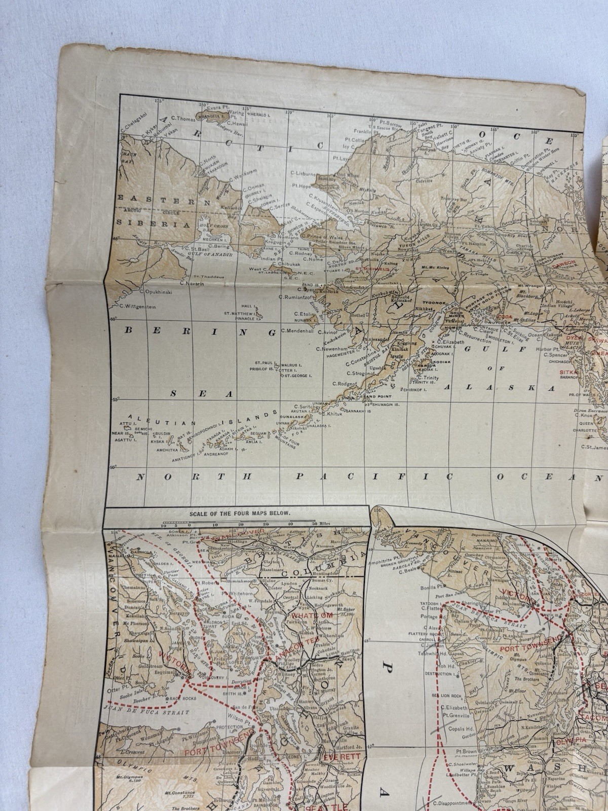 1898 Pacific Coast Steamship Route Map Alaska Klondike (Original, Worn)