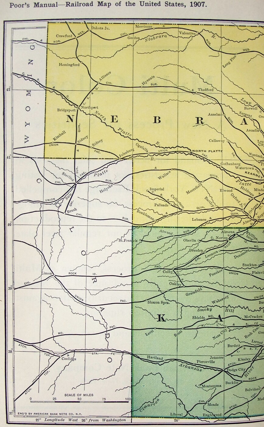 Original 1907 Railroad Map of Nebraska & Kansas. Antique