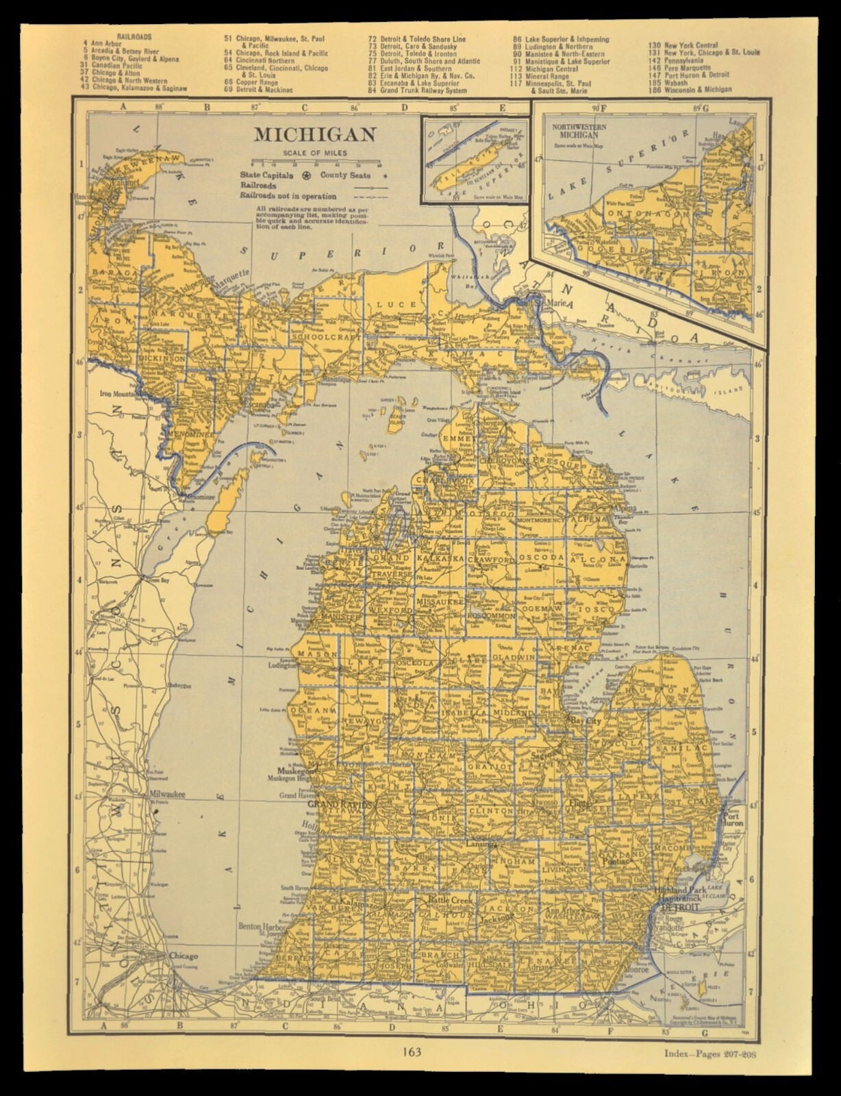 ca1939 MICHIGAN Railroad Map Depot Towns SP RR Historic Original Atlas Map