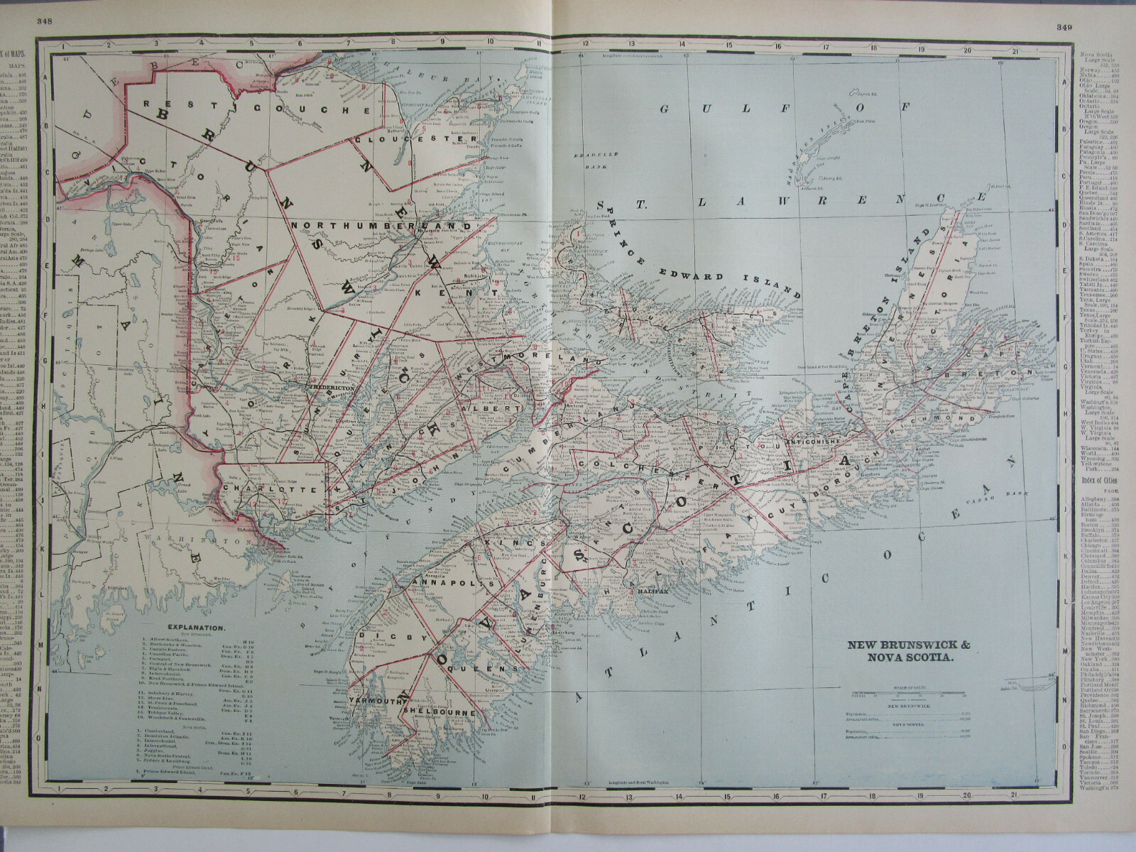 1895 Antique NEW BRUNSWICK & NOVA SCOTIA CANADA Cram RAILROAD Map ELGIN HAVELOCK