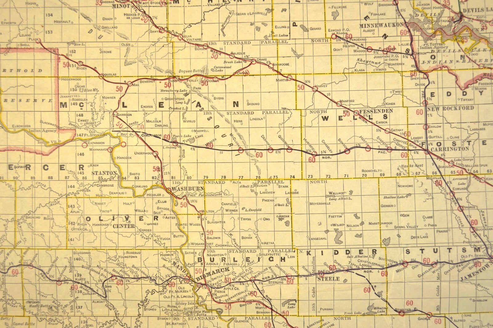 ca 1905 North Dakota Railroad Map Minnesota St Paul & Sault Ste Marie RR