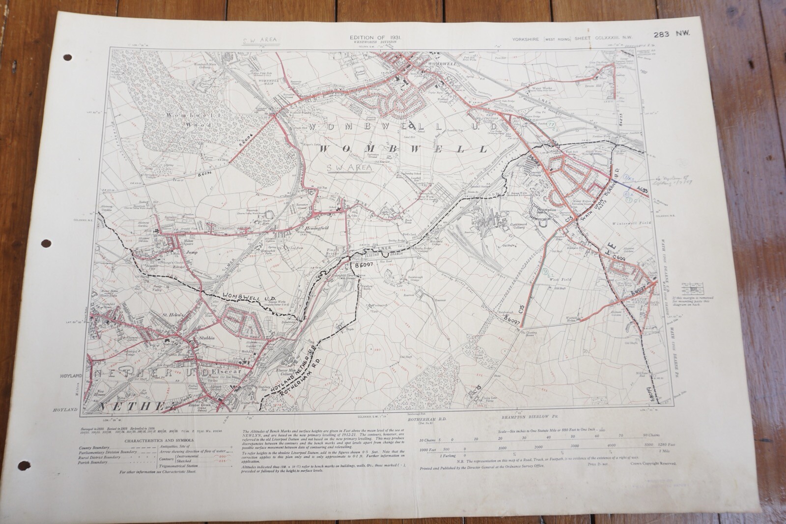 1931 Wombwell Yorkshire LNER Railway OS Linen Map Ref 6