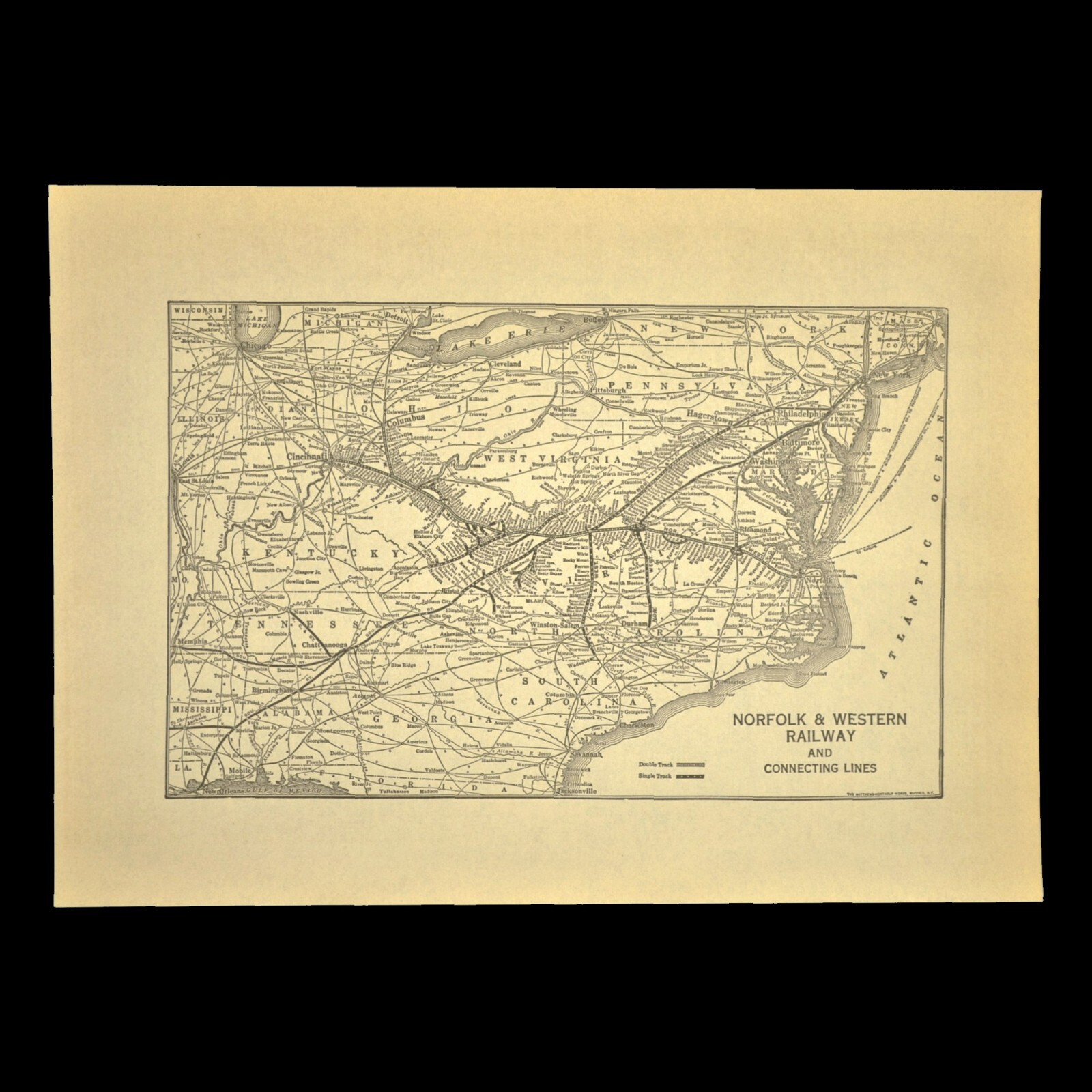 Vintage NORFOLK and WESTERN Railway Map Antique Railroad System Map ca 1929