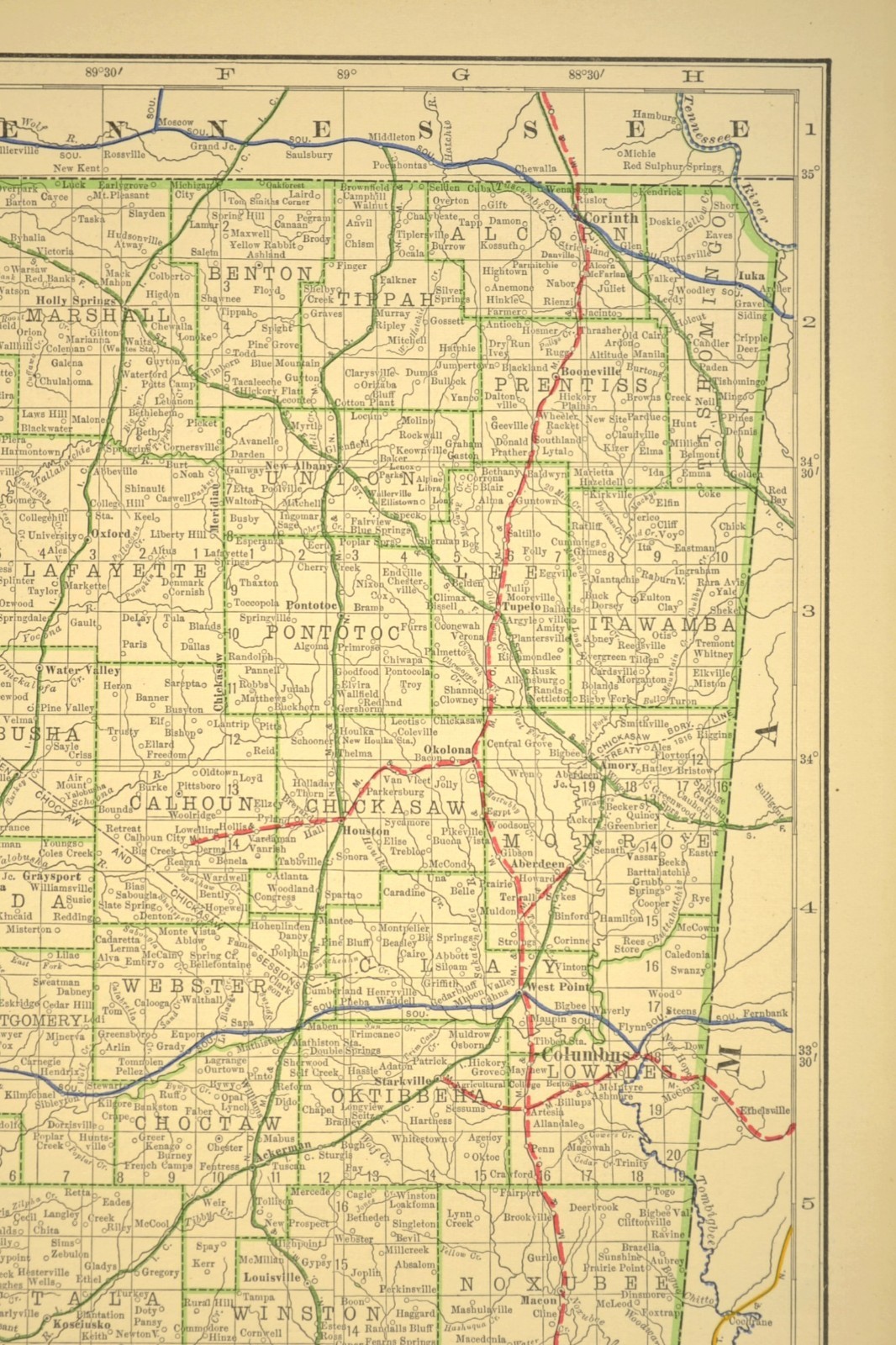 1914 Antique Map of MISSISSIPPI Railroads Map ORIGINAL Atlas Map IC RR DATED