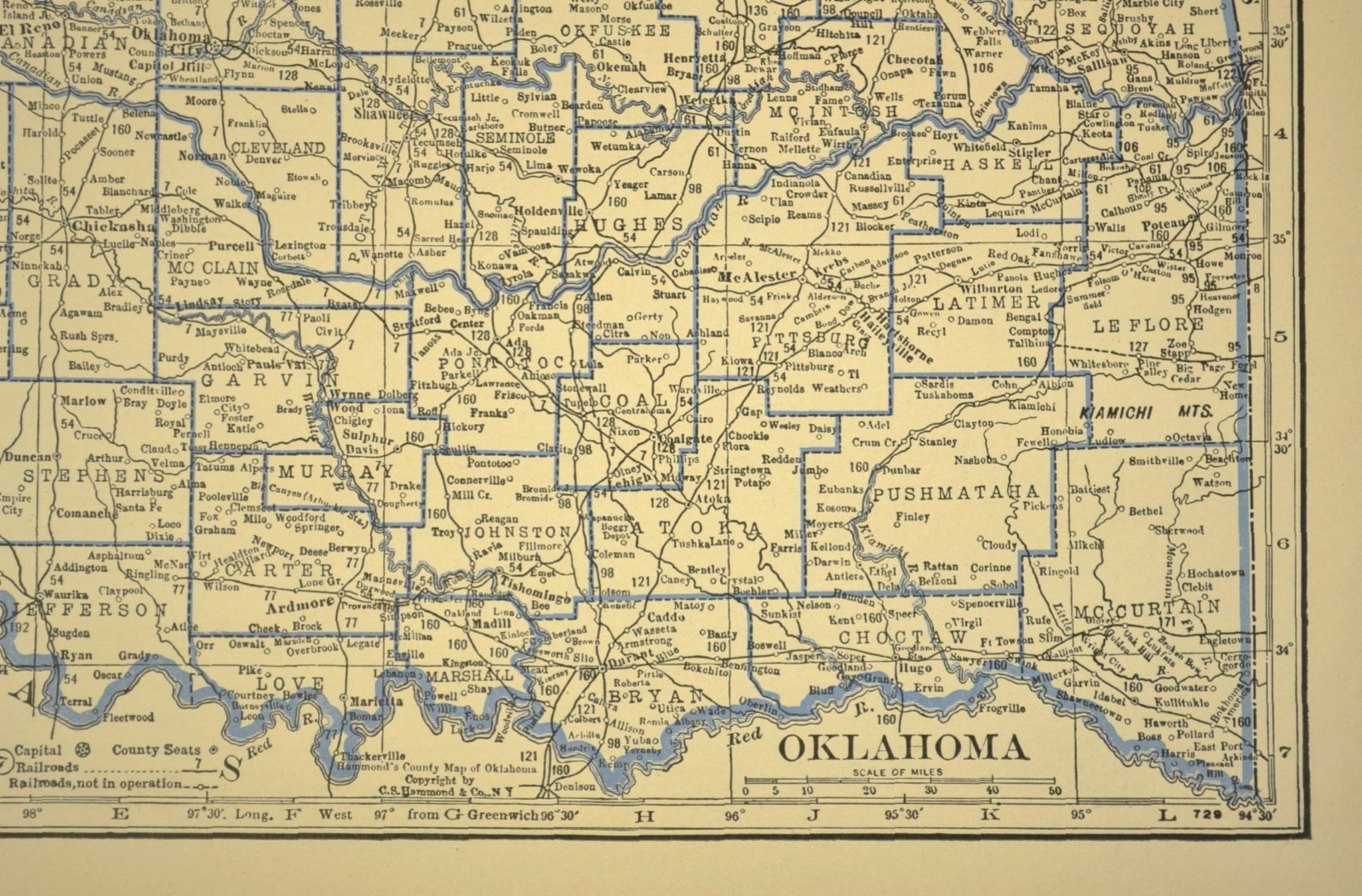 ca 1930 OKLAHOMA Railroad Map Depot Towns CRI&P RR Historic Original Atlas Map