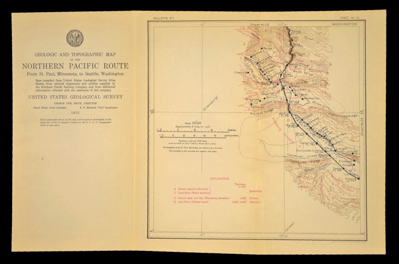 1915 Antique Northern Pacific Railroad Map Yakima Washington Toppenish WA OWR&N