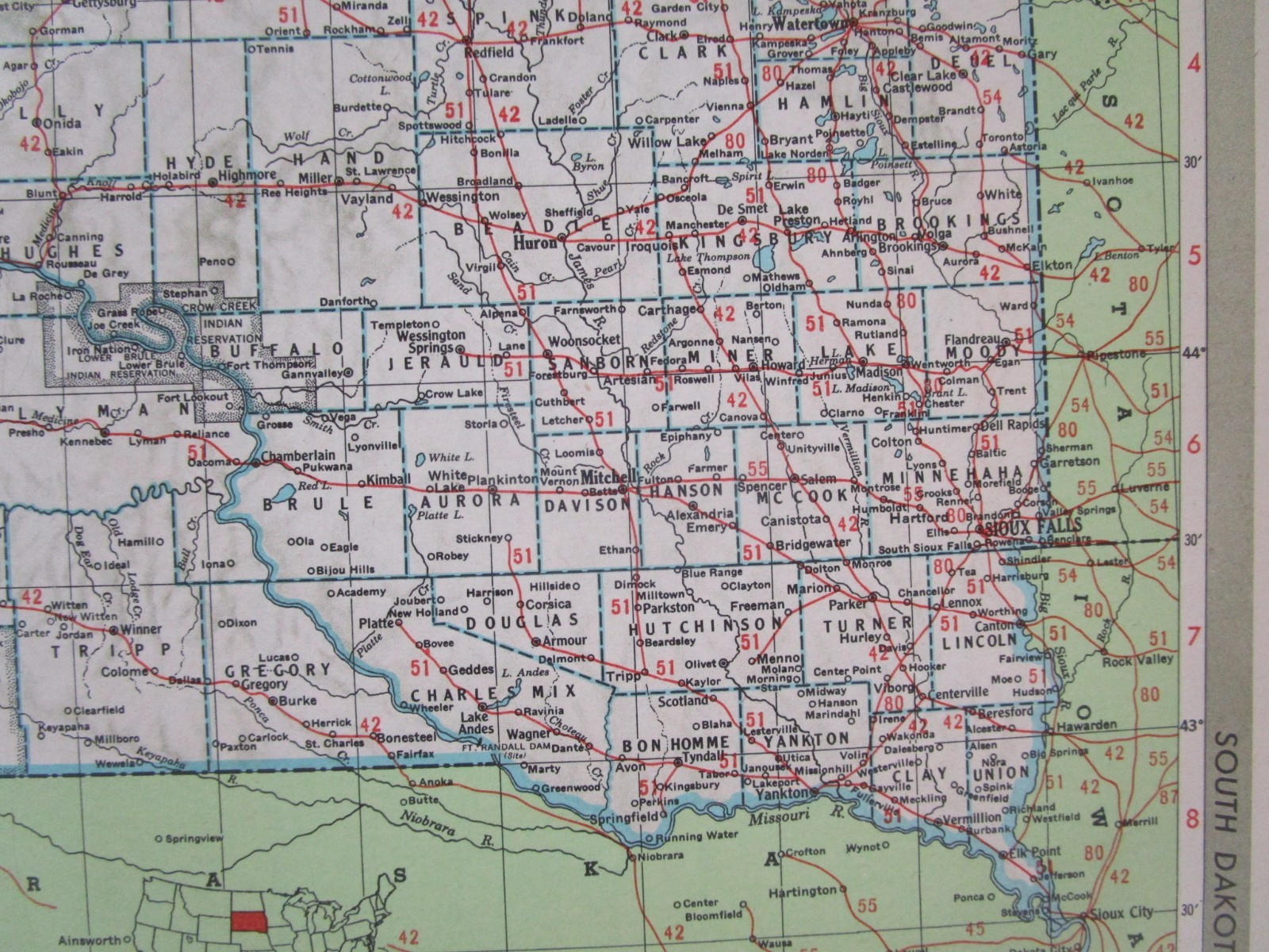 SD TN Vtg 1950 SOUTH DAKOTA RAILROAD Map. CB&Q, C&NW, SOO, GN, IC or TENNESSEE