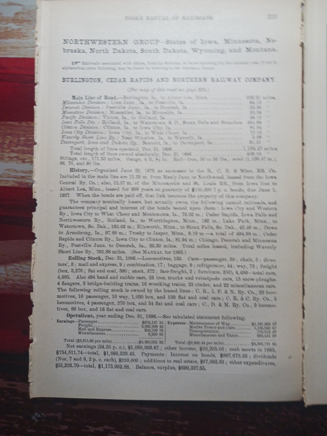 1897 Train Route Map + Report BURLINGTON CEDAR RAPIDS & NORTHERN RAILWAY Iowa RR