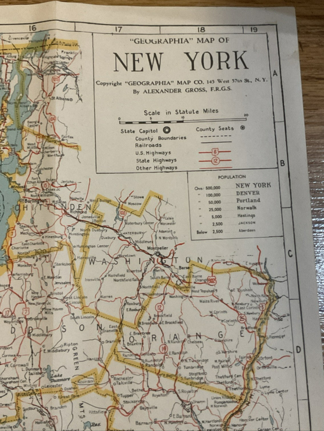 Vintage 1950s Geographia Highway & Railroad Map New York NY Alexander Gross