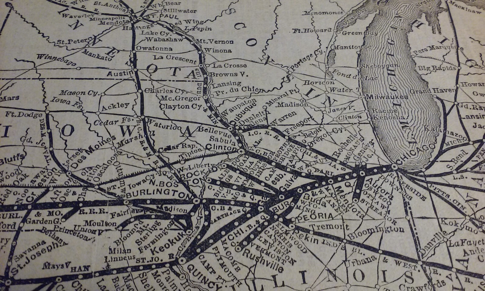 Rare 1876 CHICAGO, BURLINGTON and QUINCY Railroad Print Map & Routes