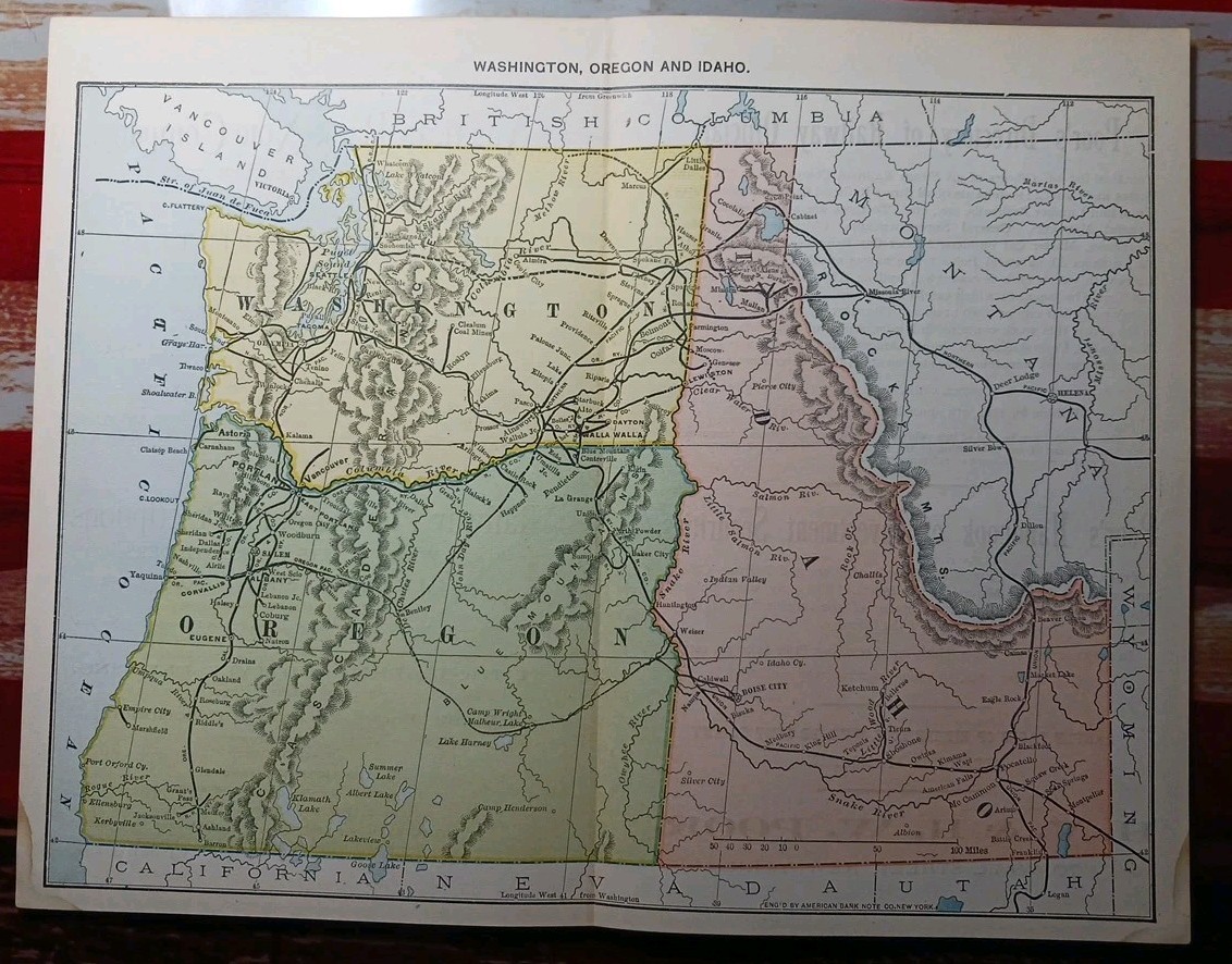 1892 Antique RAILROAD MAP Washington Oregon Utah Train Route Lines 9×11″ Color