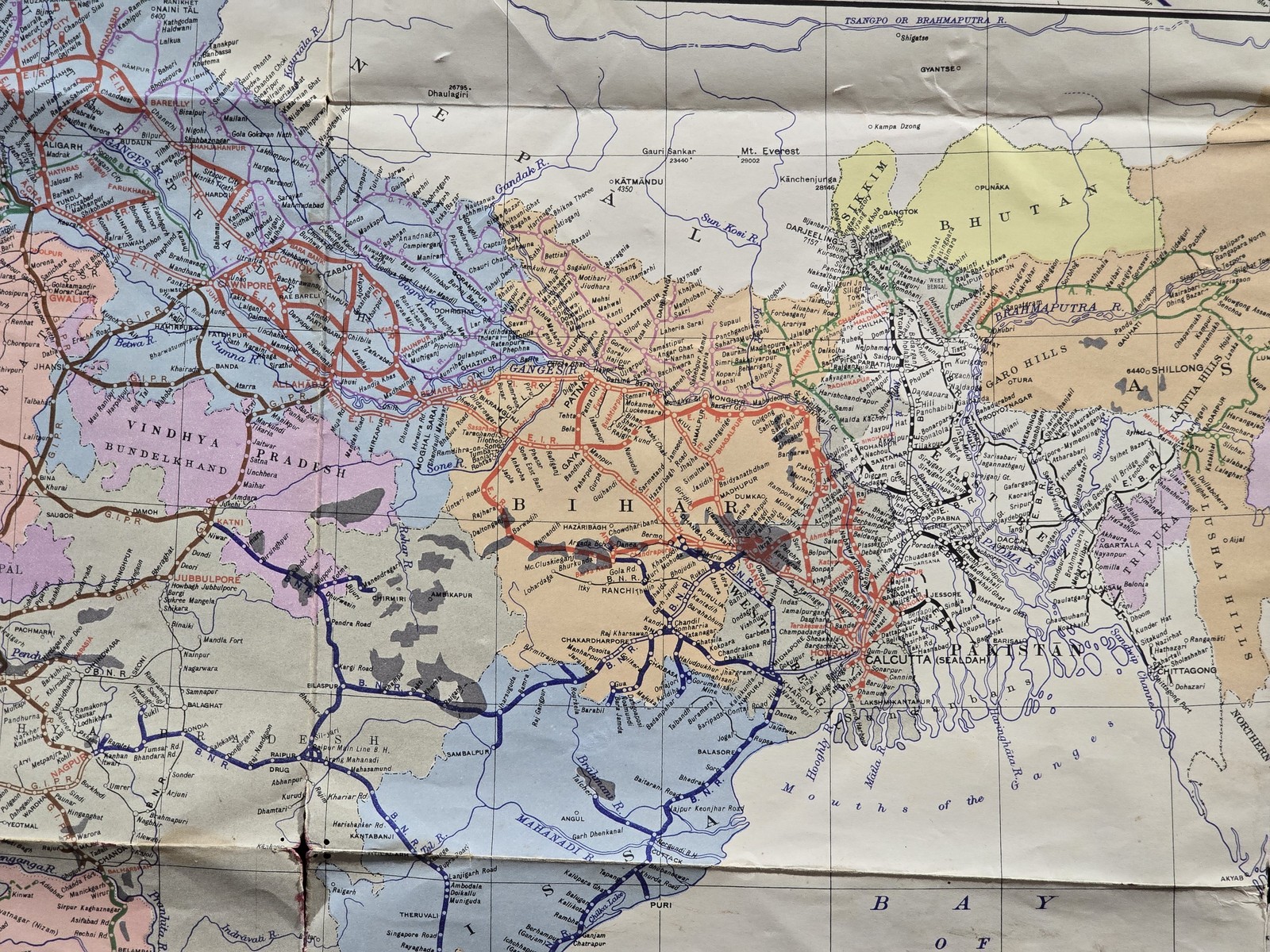 Vintage 1950s Railway Map of India Delhi Madras Calcutta Coalfields 42×32