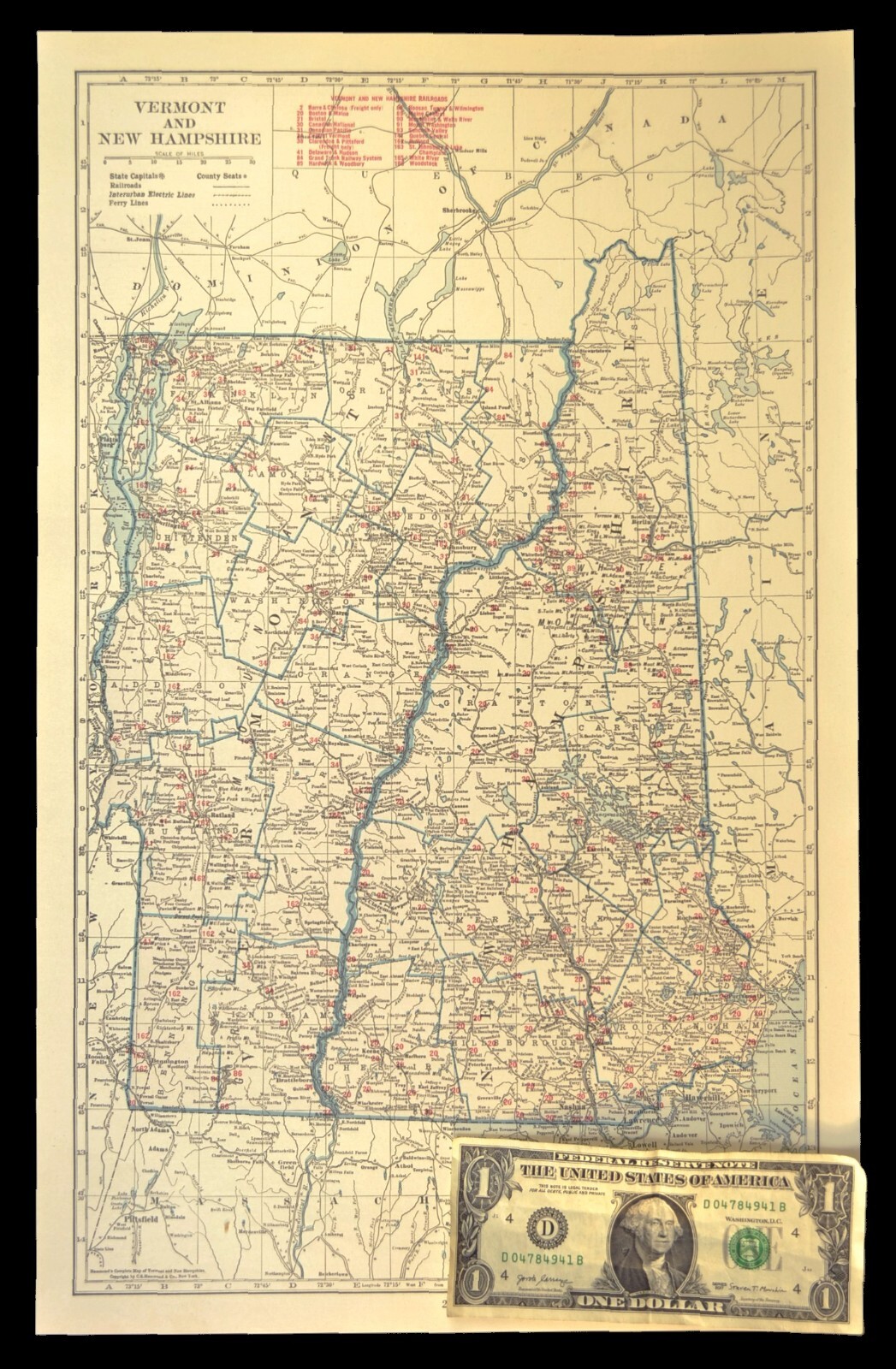 Vintage NEW HAMPSHIRE Railroad Map Vermont Boston & Maine LARGE Original Antique
