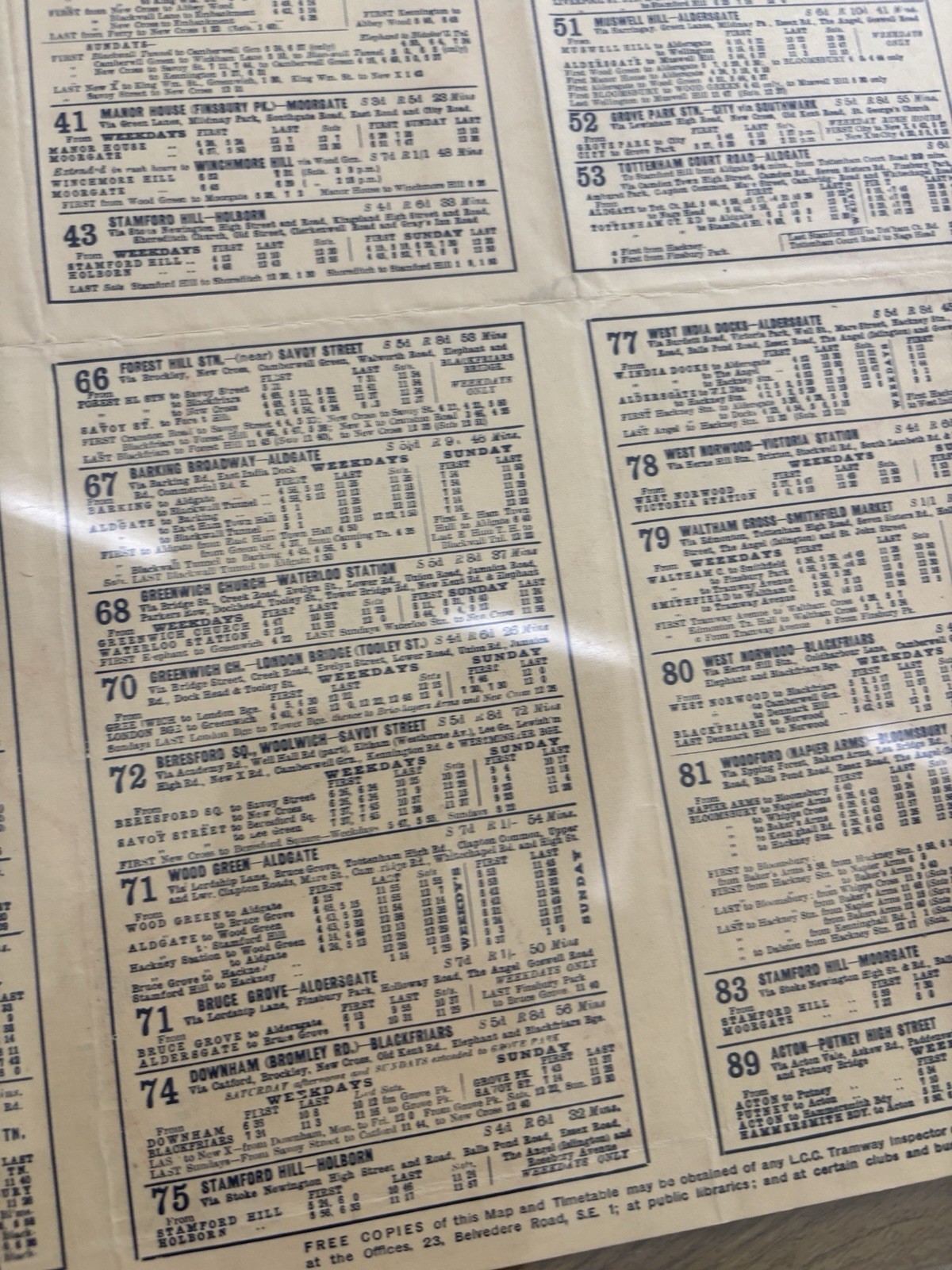 1932 LCC Trams Map Timetable London County Council Tramways Original Nov