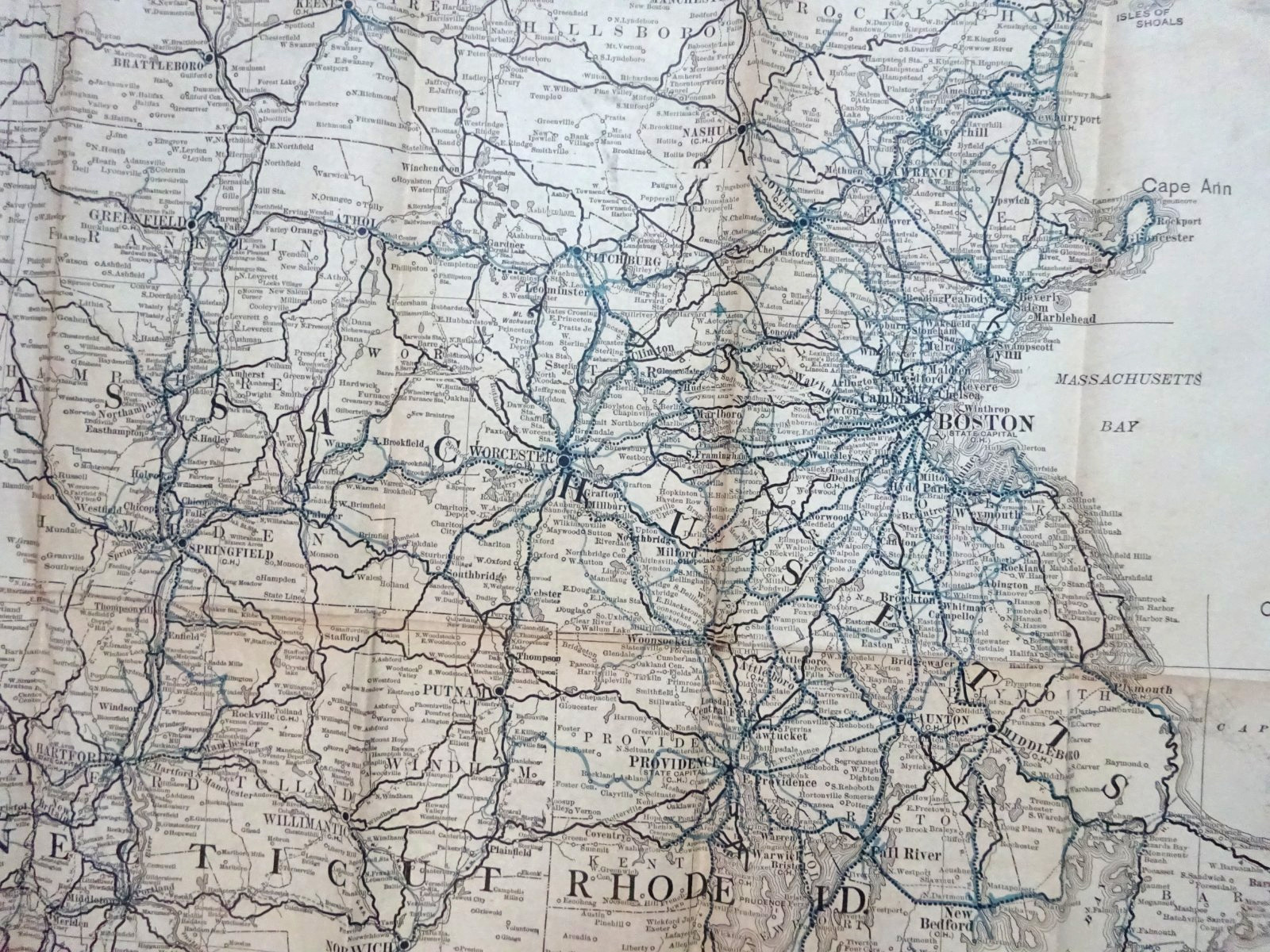 1913 FOLDING RAILROAD MAP NEW ENGLAND COMMERCIAL ROUTE SURVEY 45″x34″ BULLARD Co