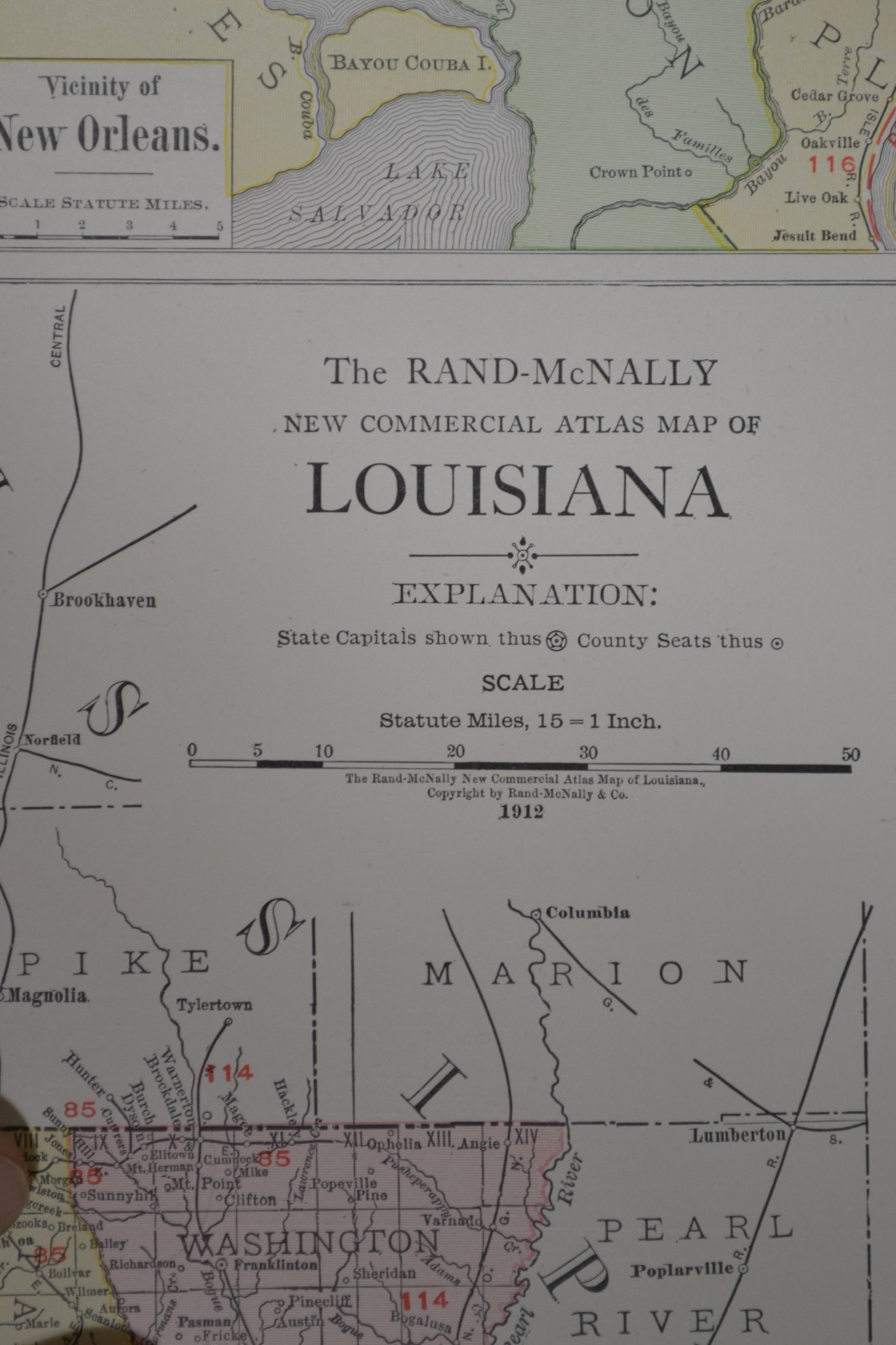 LOUISIANA – 1912 – RAND-McNALLY NEW COMMERCIAL ATLAS – SHOWS RAILROADS