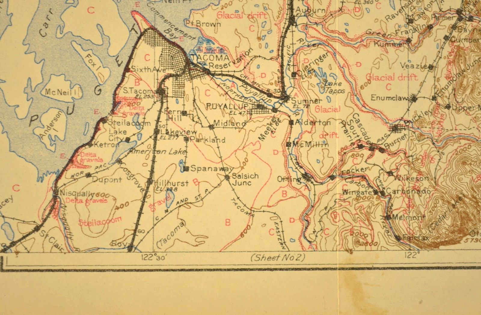 1915 Antique Southern Pacific Railroad Map Seattle Washington Tacoma WA Geologic
