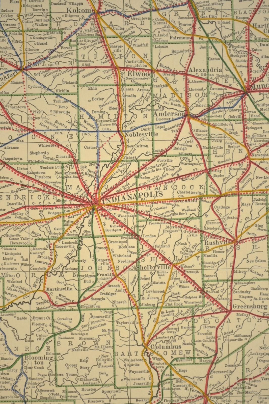 1914 Antique Map of INDIANA Railroads Map ORIGINAL Atlas Map CCC & St L Ry DATED