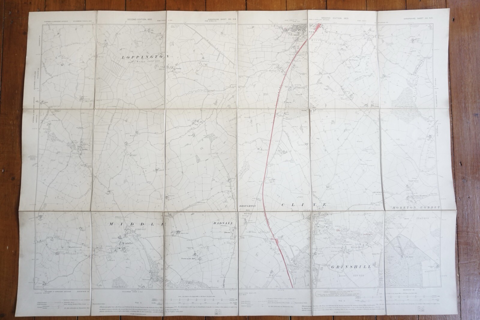 1903 Wem Hadnall Yorton Loppington Shropshire Ordance Railway Linen Map