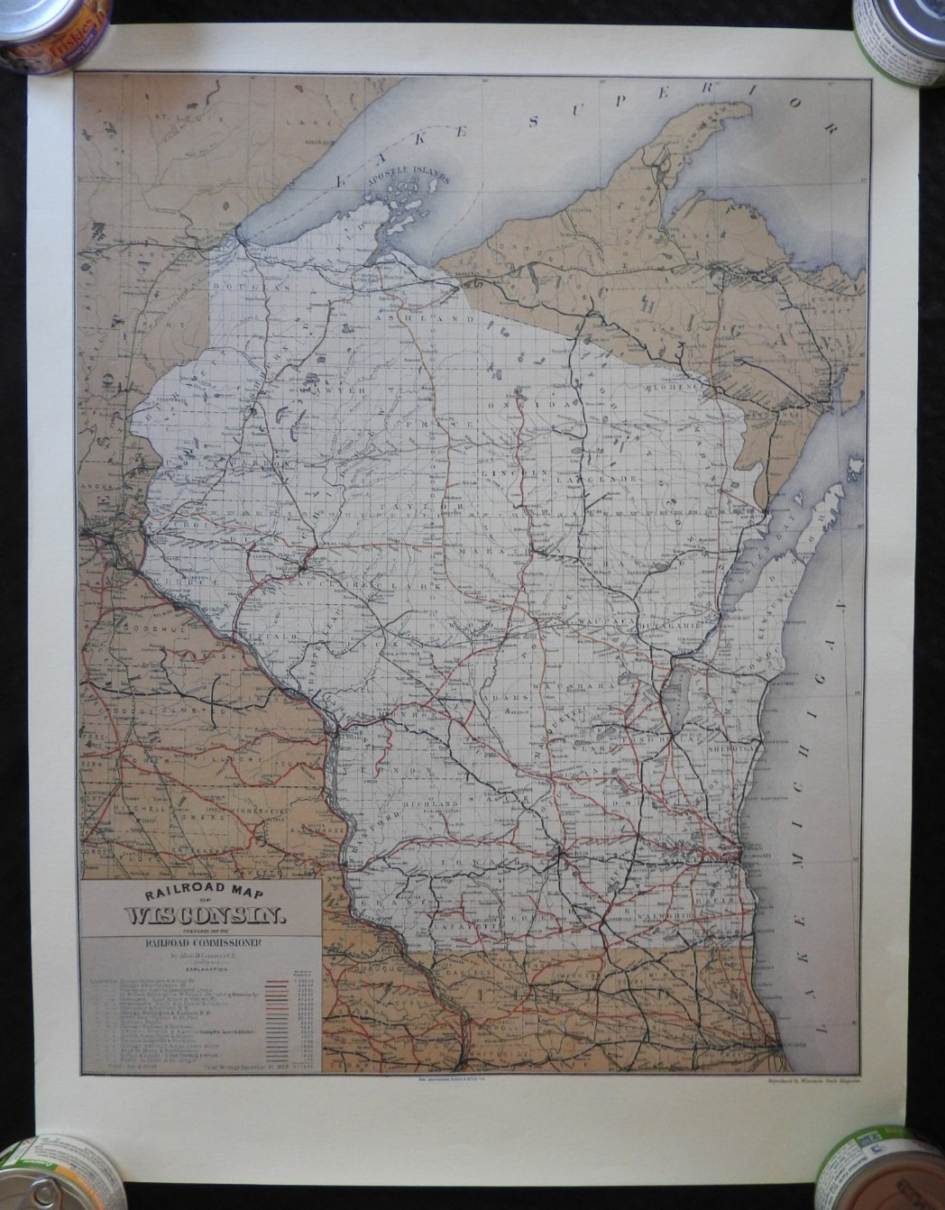 1887 Railroad Map of the Great State of Wisconsin 19″ x 25″ REPRINT! MINTY
