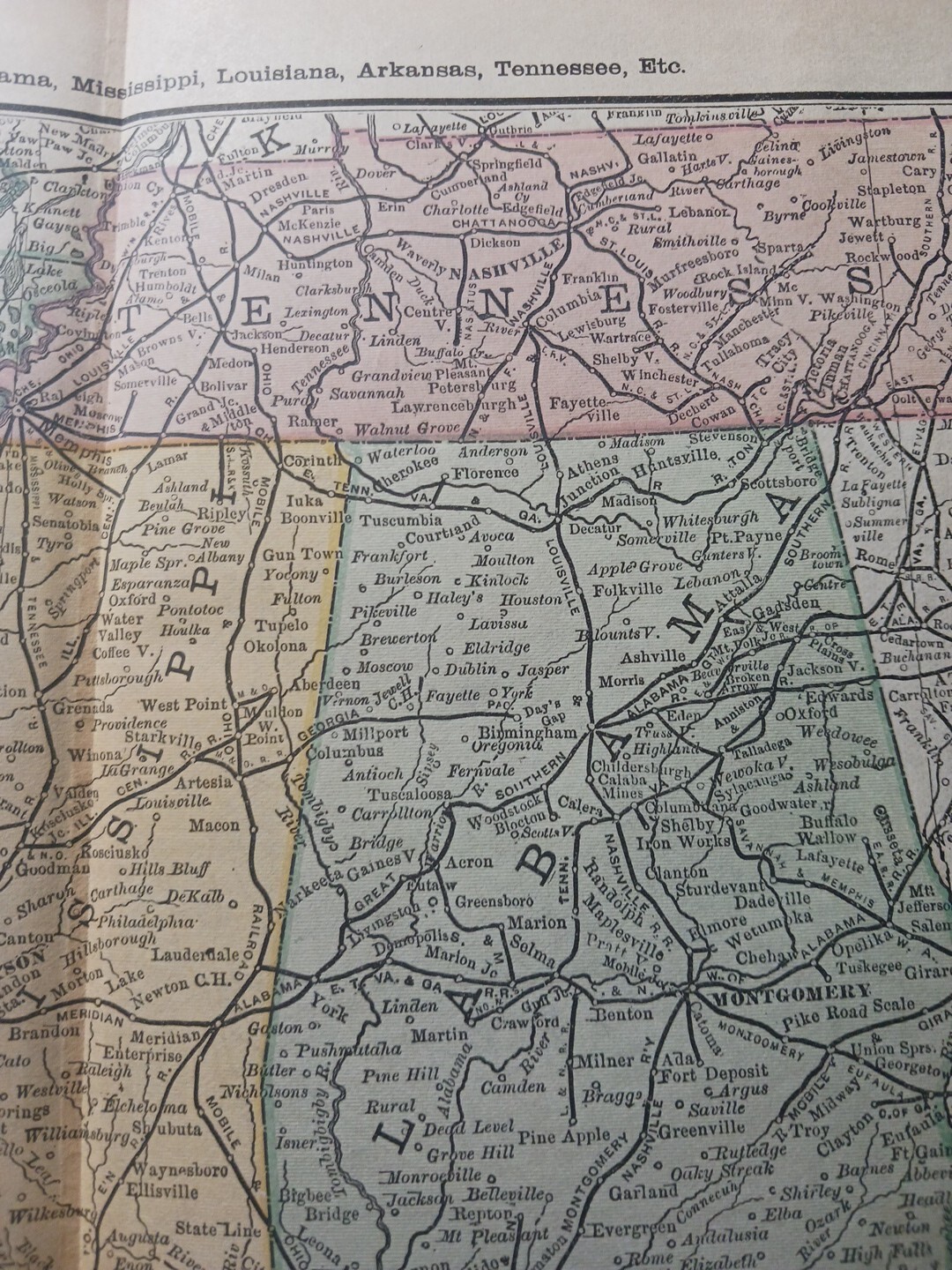 1886 Train Route Map Alabama Louisiana Mississippi TN AR Railroad Lines 9″x 11″