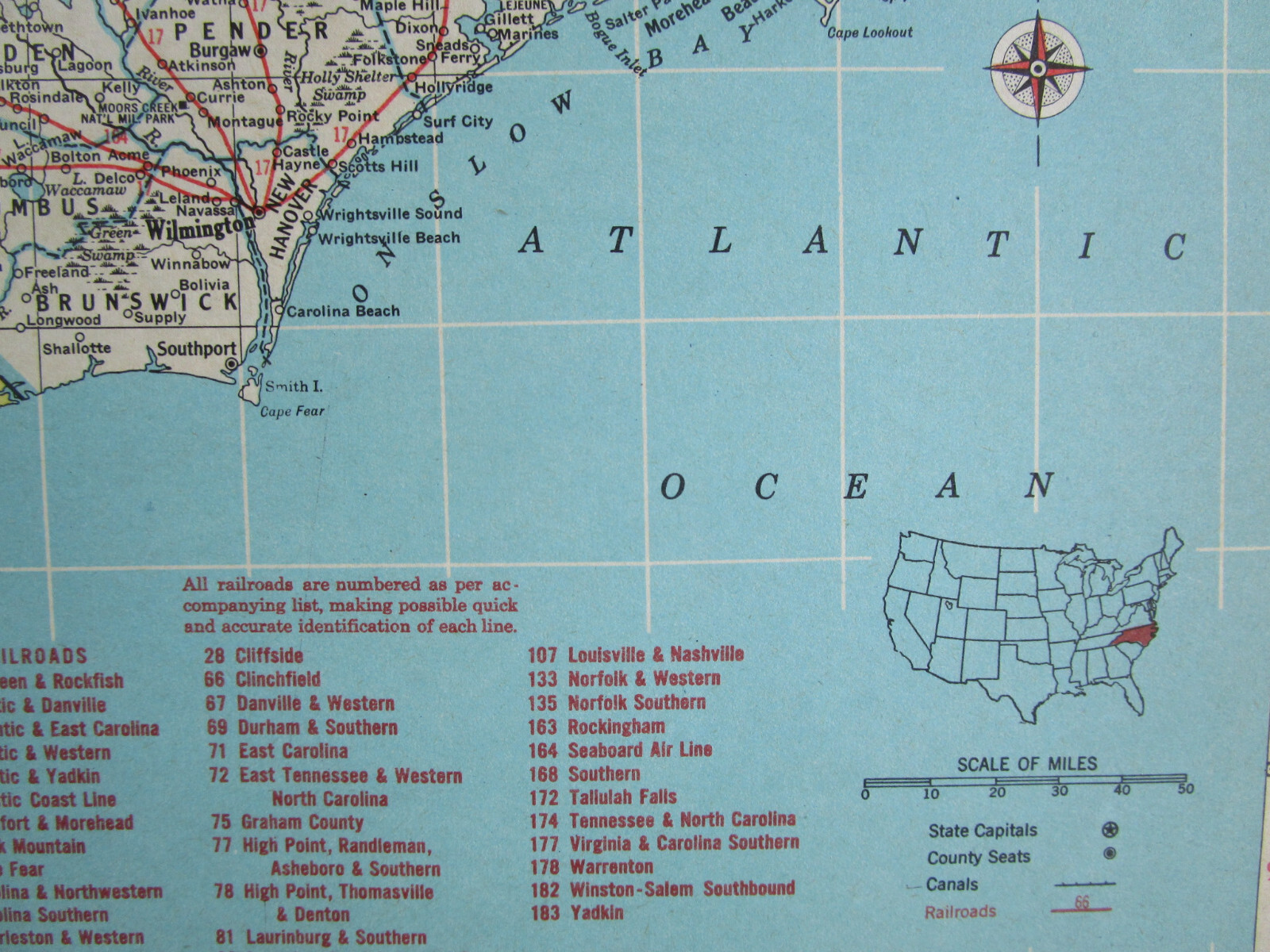 NC NY 1952 NORTH CAROLINA RAILROAD MAP BEAUFORT & MOREHEAD RR. or NEW YORK 1950s