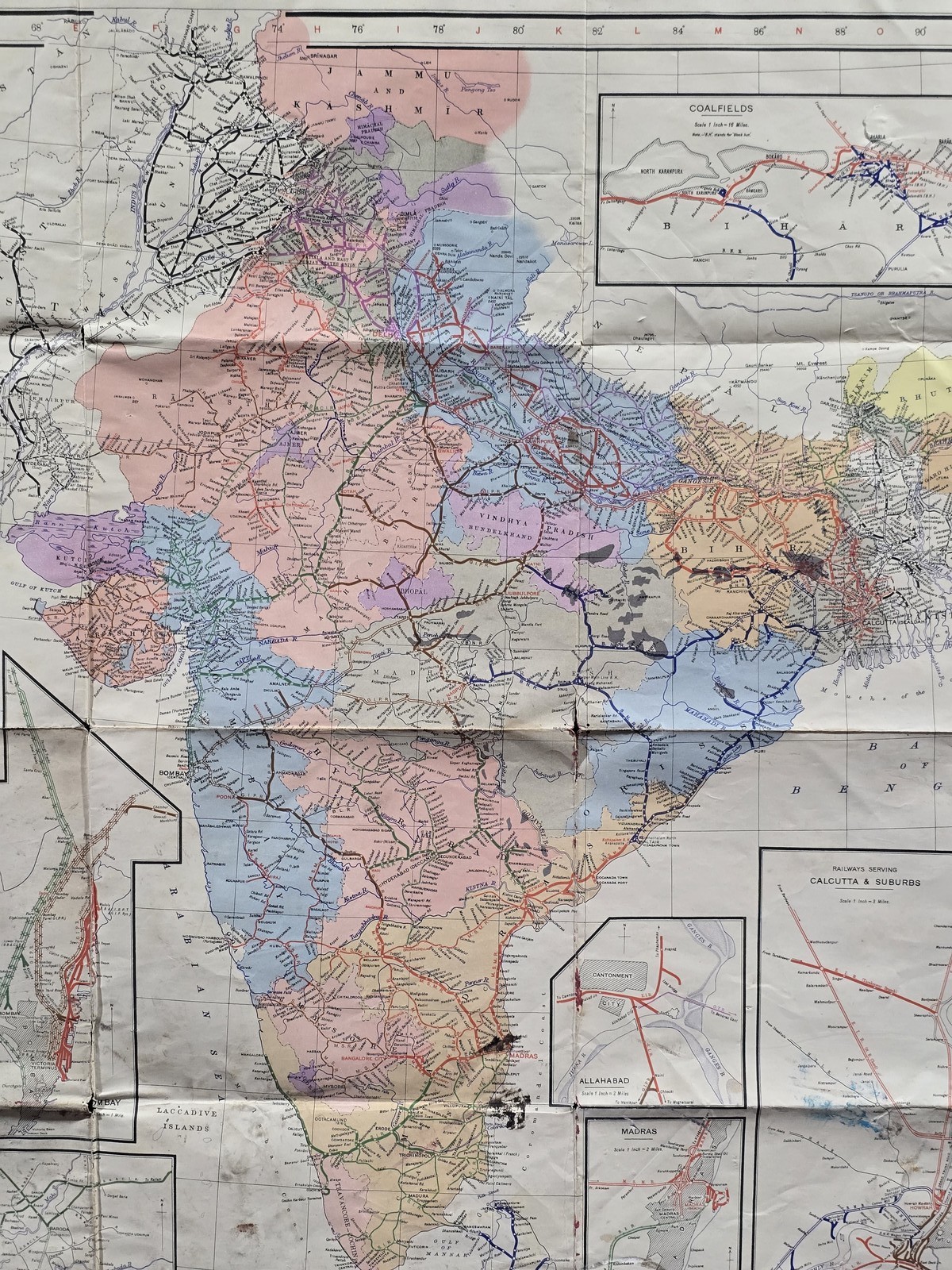 Vintage 1950s Railway Map of India Delhi Madras Calcutta Coalfields 42×32