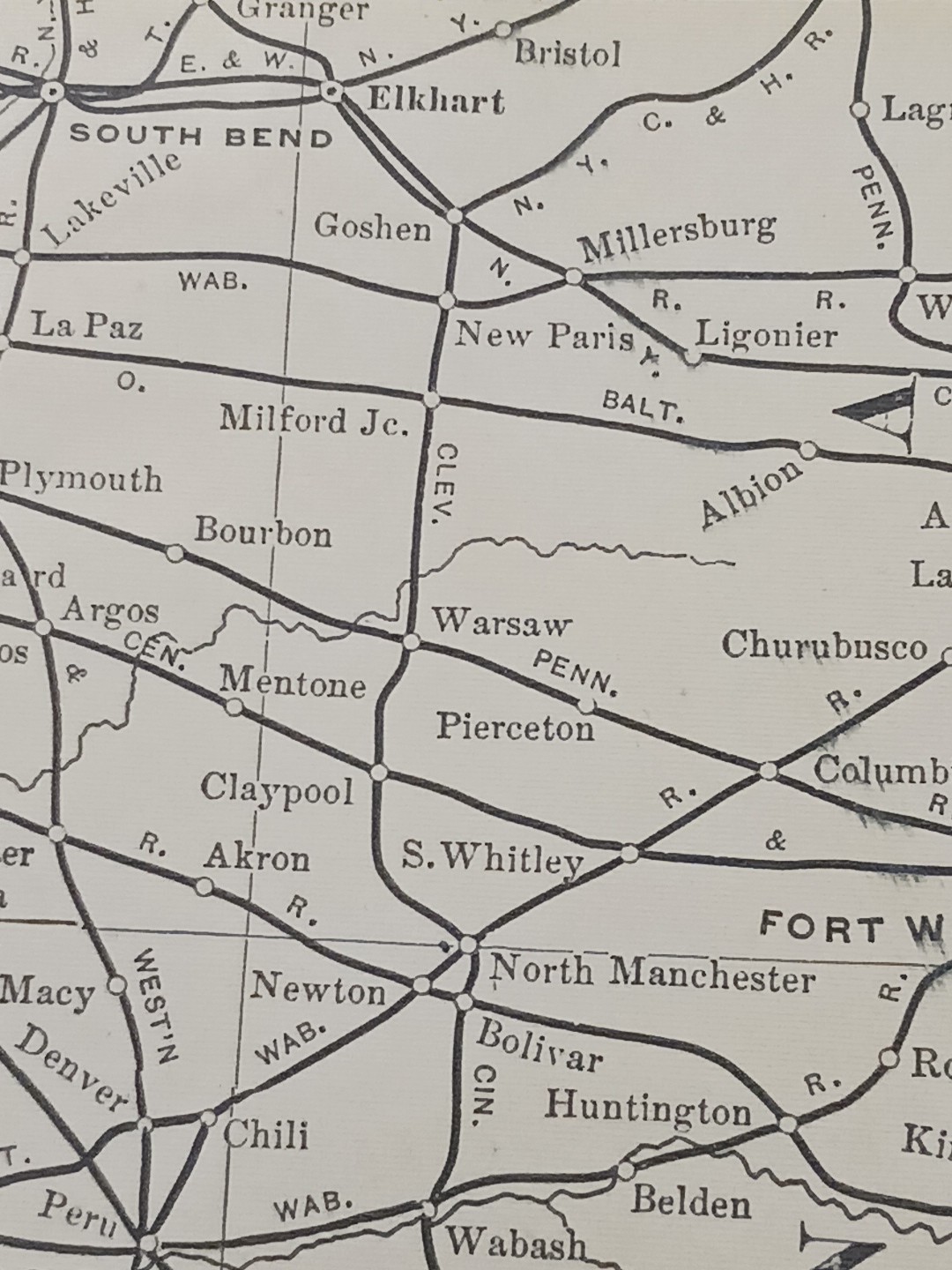 1905 Dated Train Route Map of INDIANA all Railroad Lines 11″x9″ FREE SHIPPING