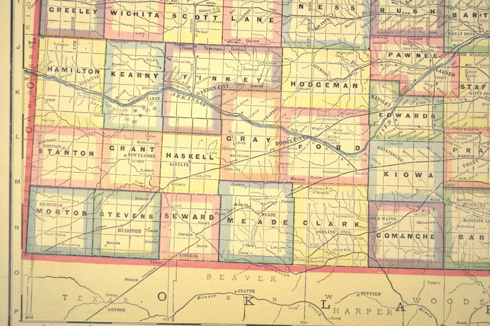 Antique KANSAS Map Railroad LARGE Original AT&SF Missouri Pacific RR MKT