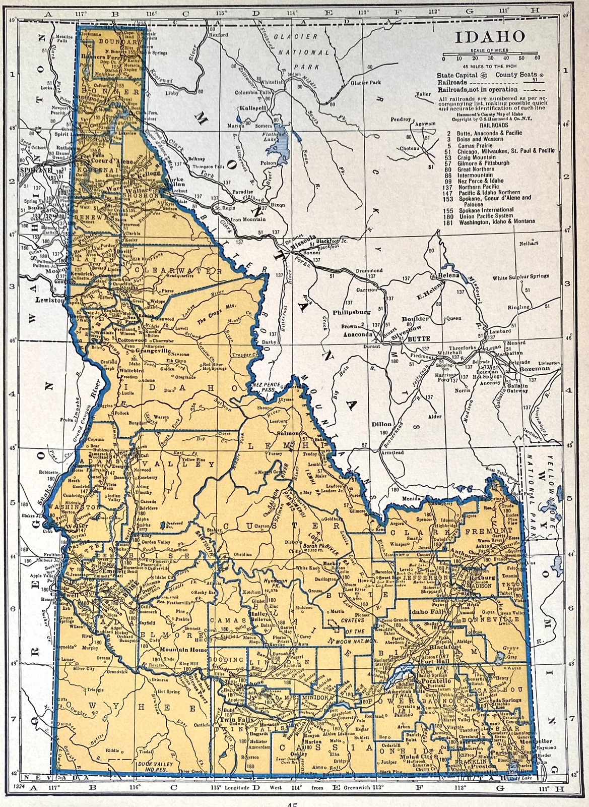 IDAHO & ILLINOIS Original c 1935 County & Railroad Maps. Hammond & Co. 9×12″