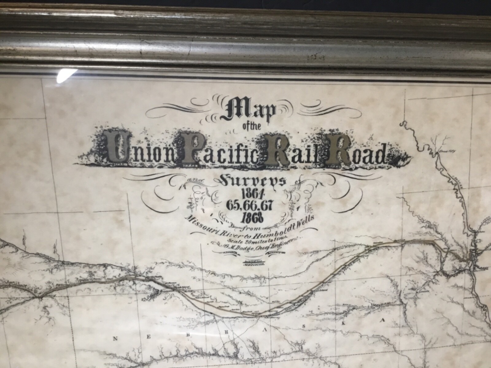 COMMEMORATIVE 1864-1868 UNION PACIFIC RAIL ROAD SURVEYS MAP 16″T x 48″W FRAMED