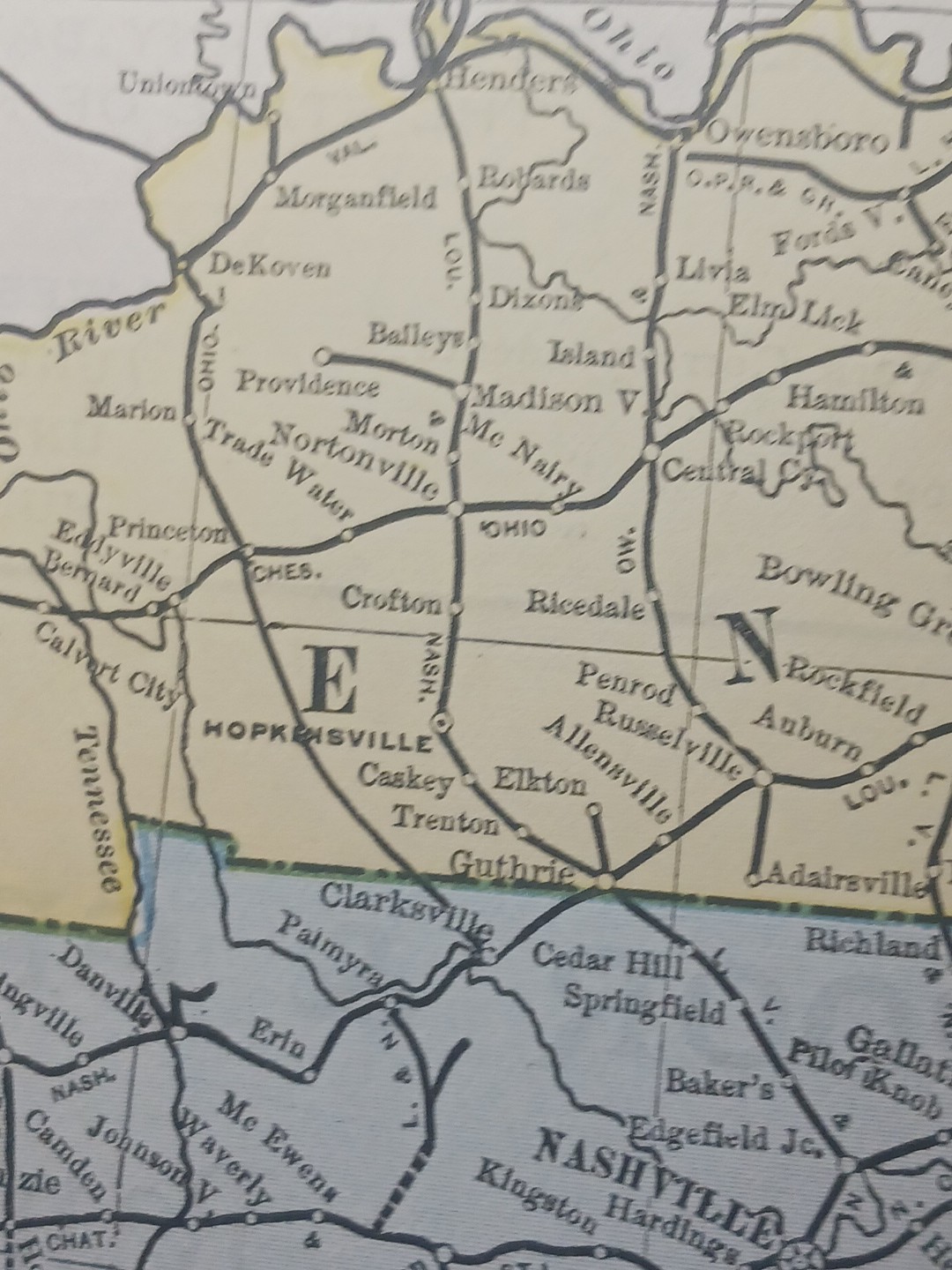 1892 Antique RAILROAD MAP Kentucky & Tennessee all Train Route Lines Mark 9×11″