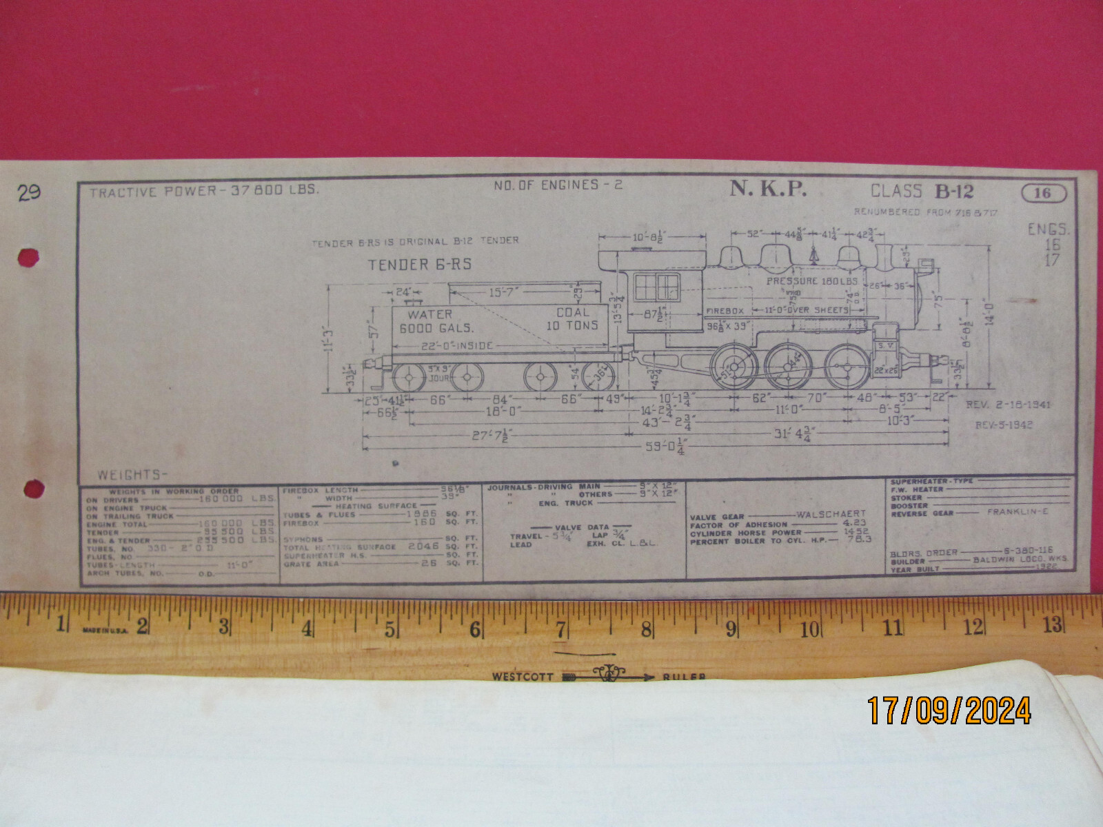 NICKLE PLATE ROAD RAILROAD ORIG 1943 DIAGRAM LOCOMOTIVE #16-17 CLASS B-12 0-6-0