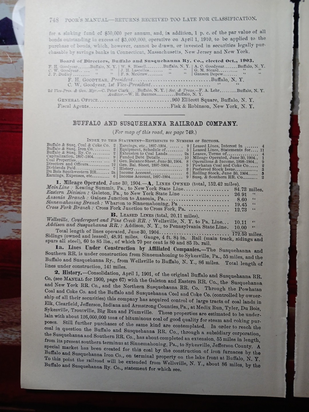 ~1904 BUFFALO & SUSQUEHANNA RAILROAD Vintage Detail Railway Map + Report Coal RR