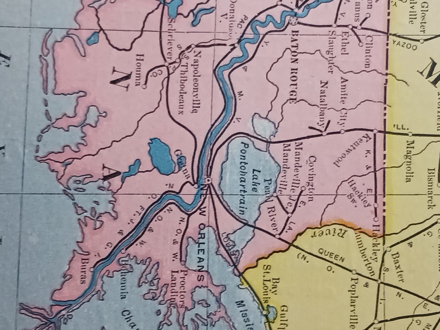 ~1904 Railroad Map MISSISSIPPI LOUISIANA ARKANSAS all Train lines Depots 11″x9″