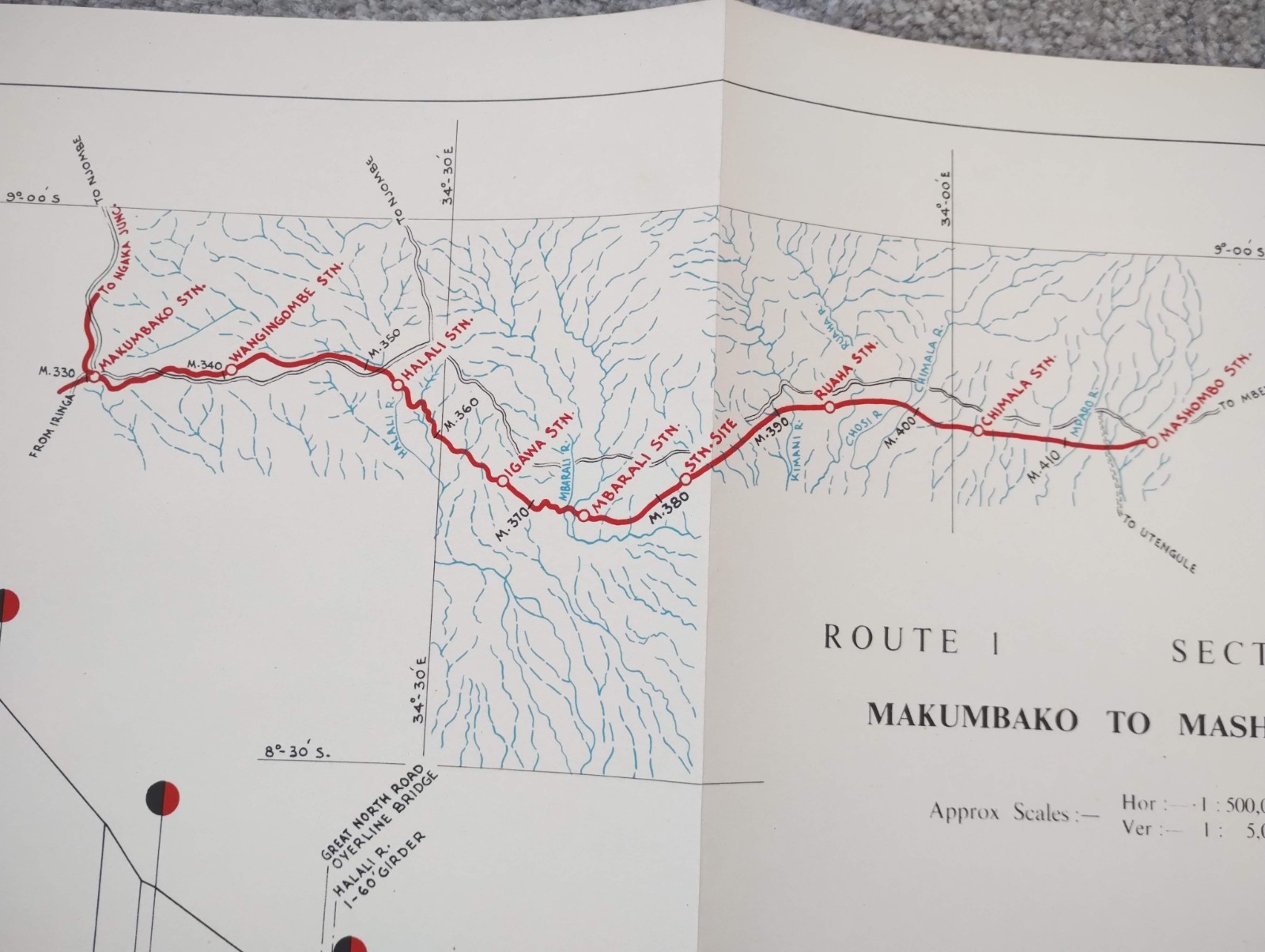 1952 East African Railways Map of Route: Makumbako to Mashombo (Tanzania)