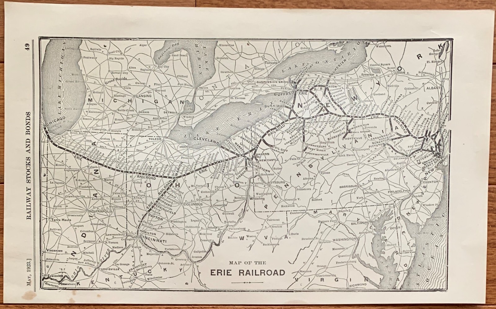 1923 Antique ERIE RAILROAD Map Vintage RAILWAY Map