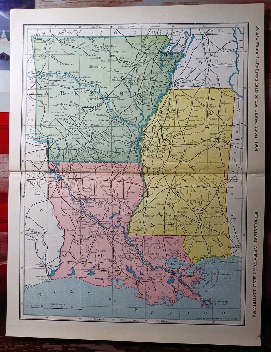 ~1904 Railroad Map MISSISSIPPI LOUISIANA ARKANSAS all Train lines Depots 11″x9″