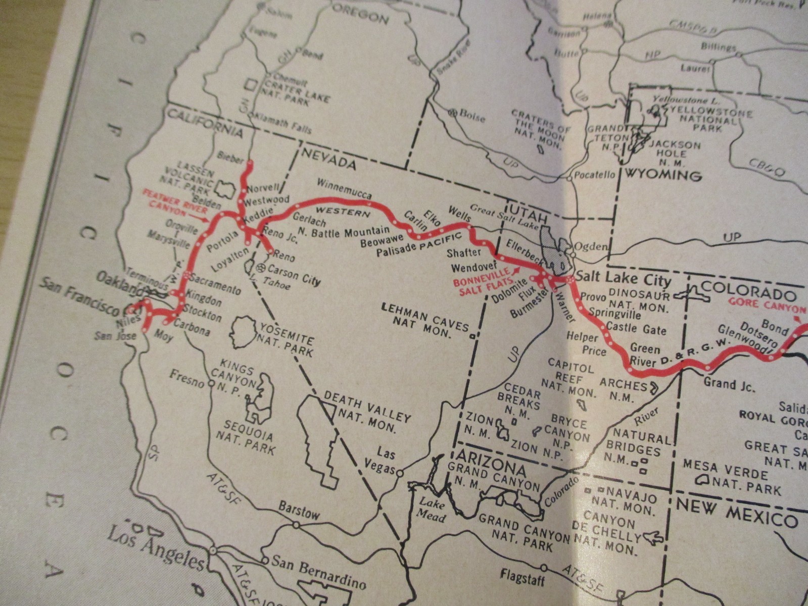 VTG 1950 WESTERN PACIFIC RAILROAD ‘Feather River Route’ MAP~Schedule/Connections